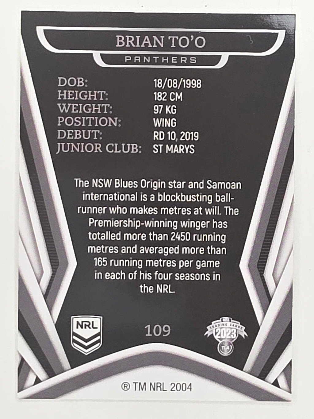 NRL 2023 Traders Titanium Base Card #109 Brian To’o Penrith Panthers