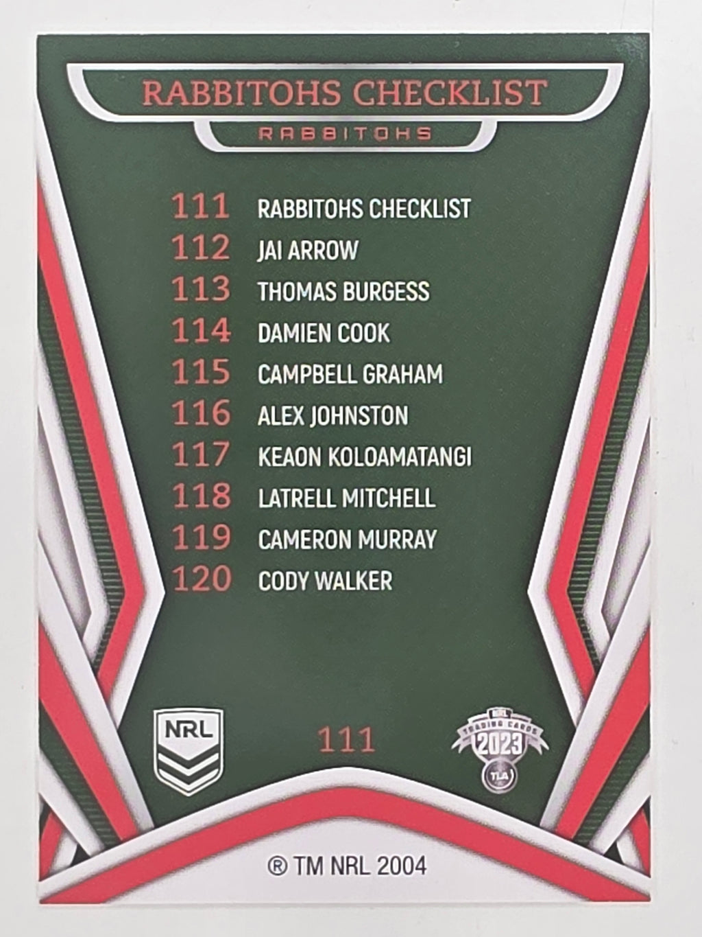 NRL 2023 Traders Titanium Base Card #111 Rabbitohs Checklist South Sydney Rabbitohs