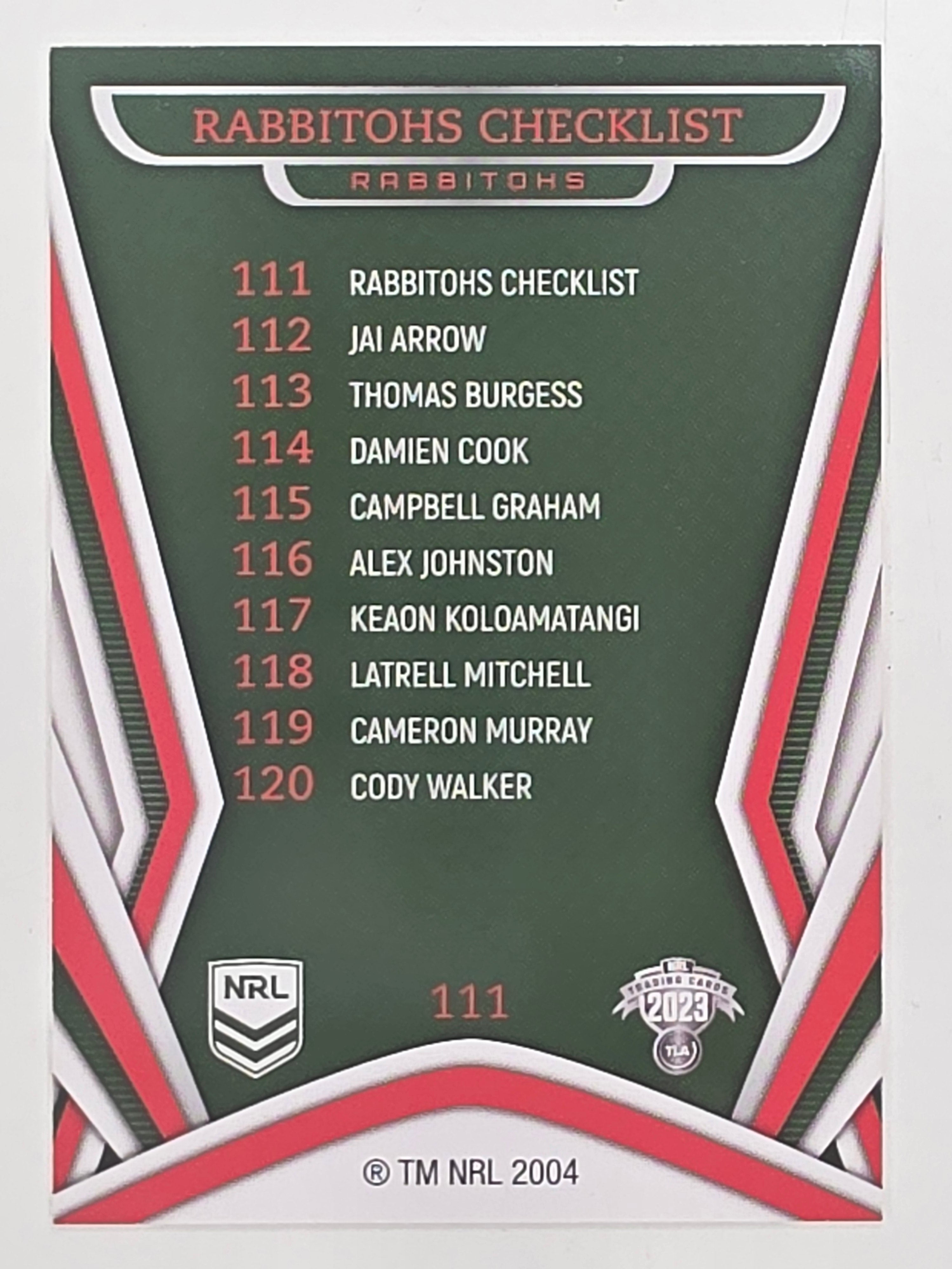 NRL 2023 Traders Titanium Base Card #111 Rabbitohs Checklist South Sydney Rabbitohs