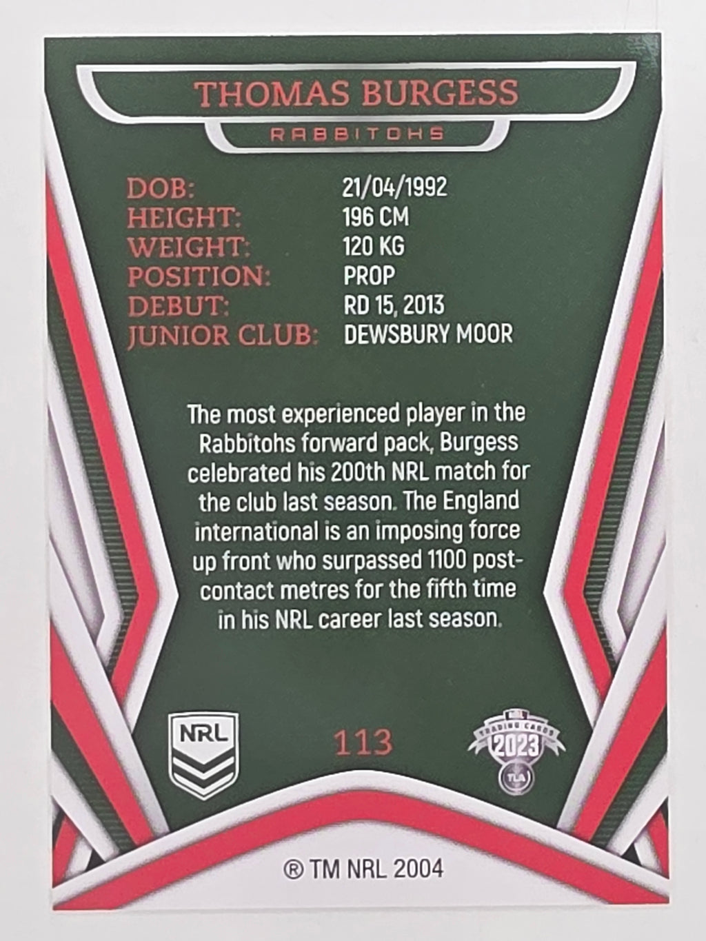 NRL 2023 Traders Titanium Base Card #113 Thomas Burgess South Sydney Rabbitohs
