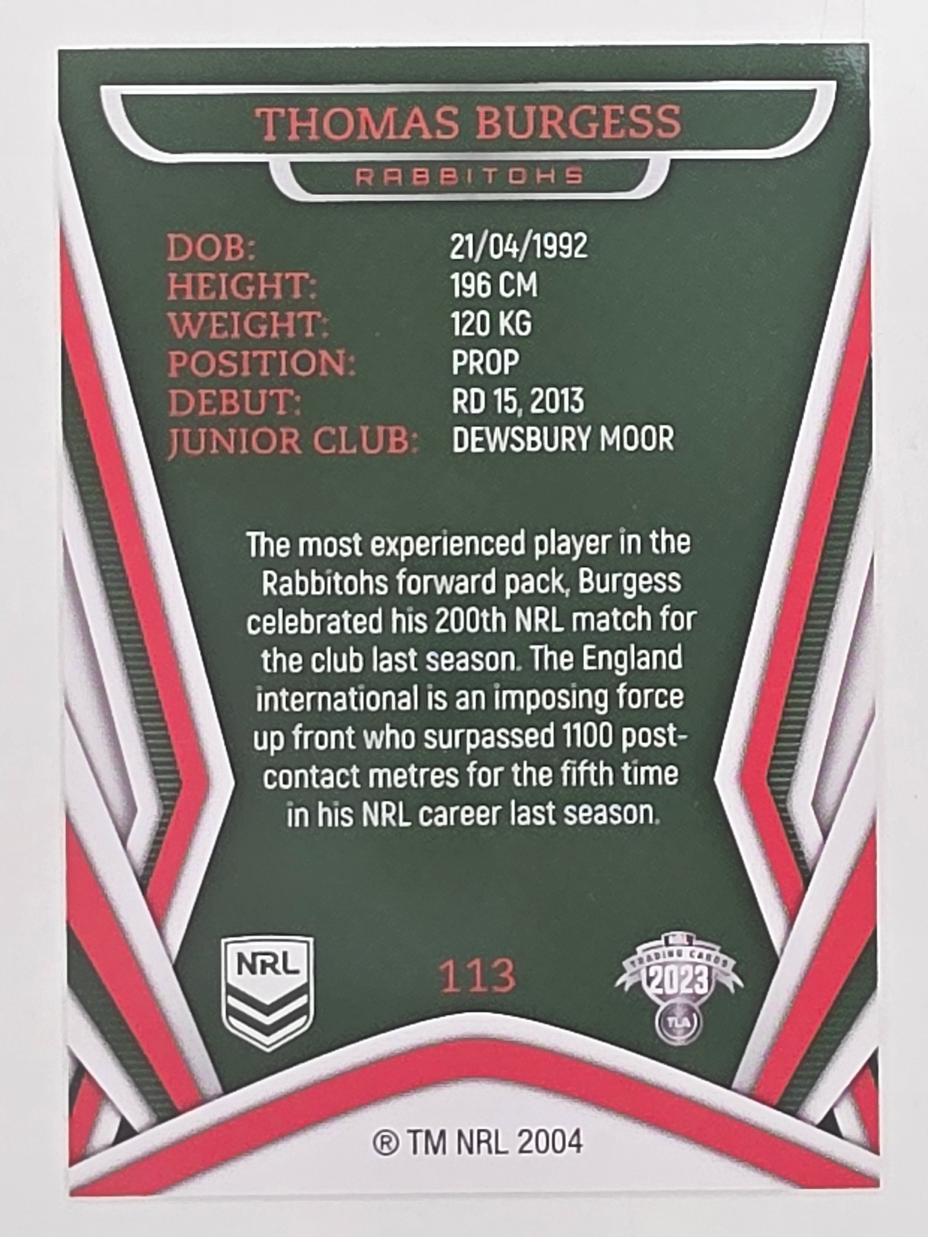 NRL 2023 Traders Titanium Base Card #113 Thomas Burgess South Sydney Rabbitohs