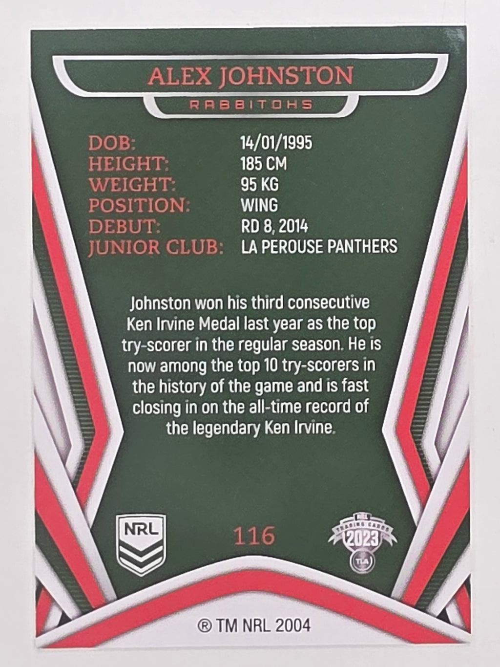 NRL 2023 Traders Titanium Base Card #116 Alex Johnston South Sydney Rabbitohs
