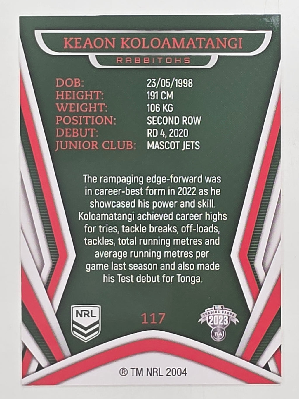 NRL 2023 Traders Titanium Base Card #117 Keaon Koloamatangi South Sydney Rabbitohs