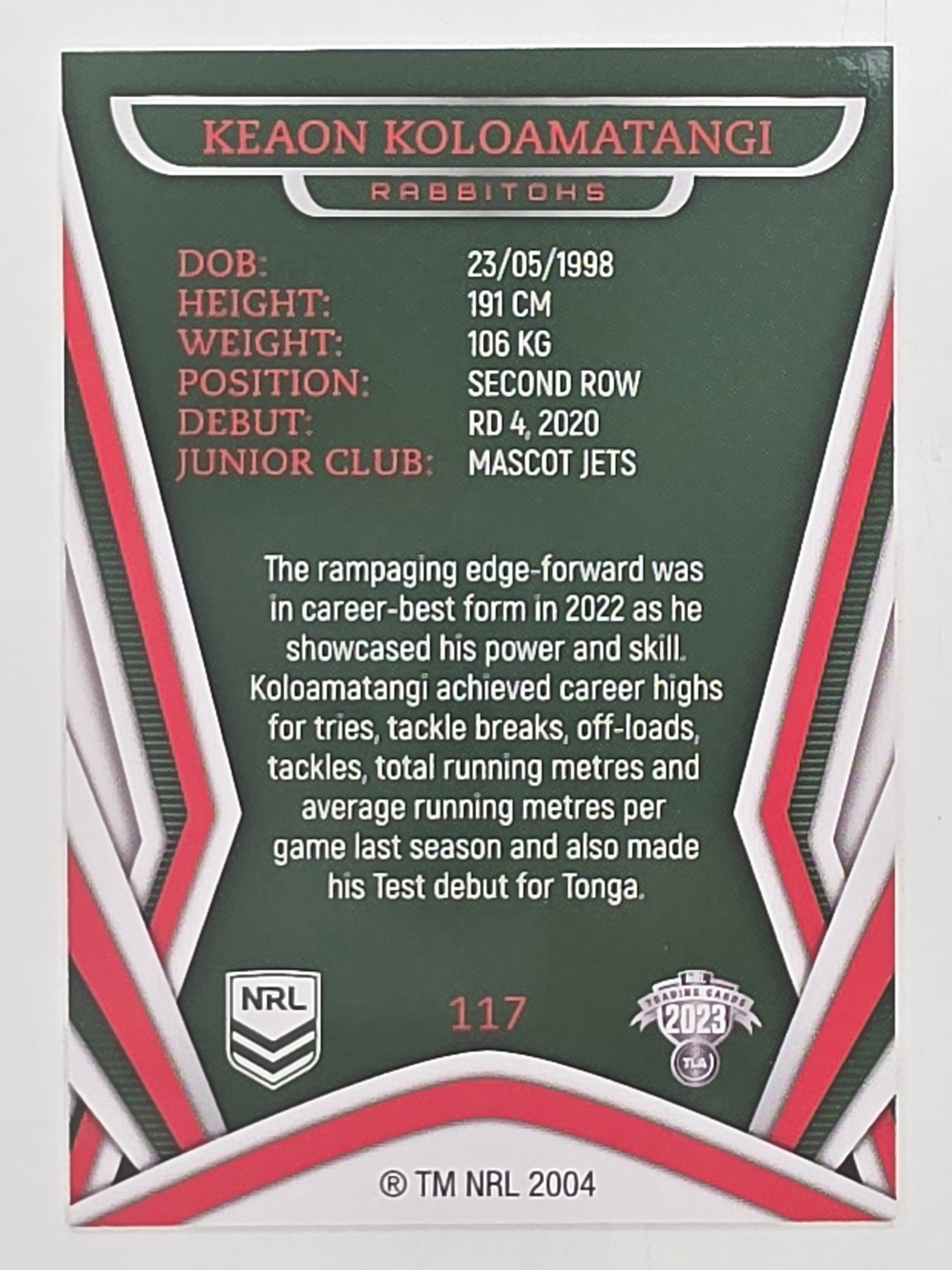 NRL 2023 Traders Titanium Base Card #117 Keaon Koloamatangi South Sydney Rabbitohs
