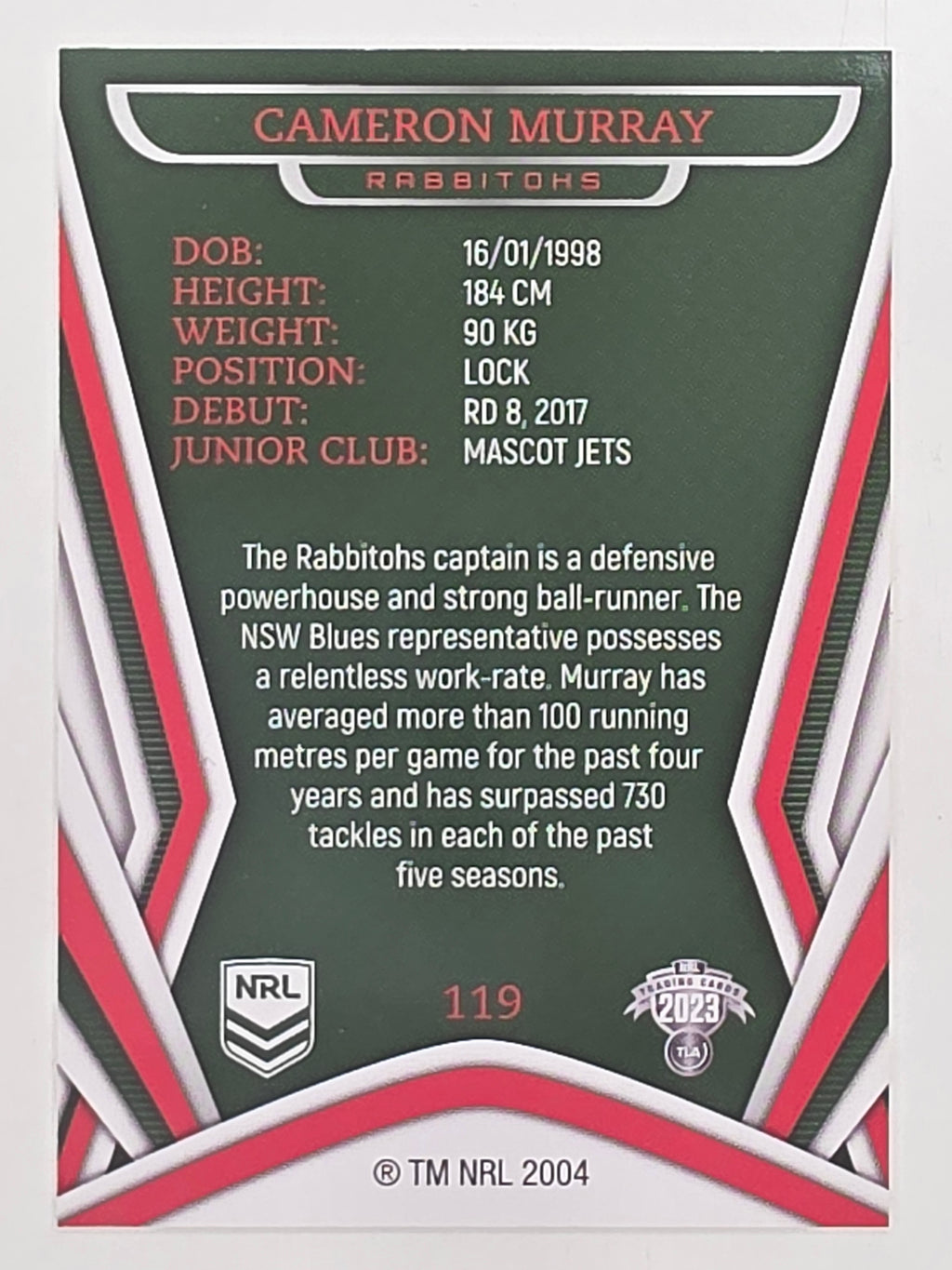 NRL 2023 Traders Titanium Base Card #119 Cameron Murray South Sydney Rabbitohs