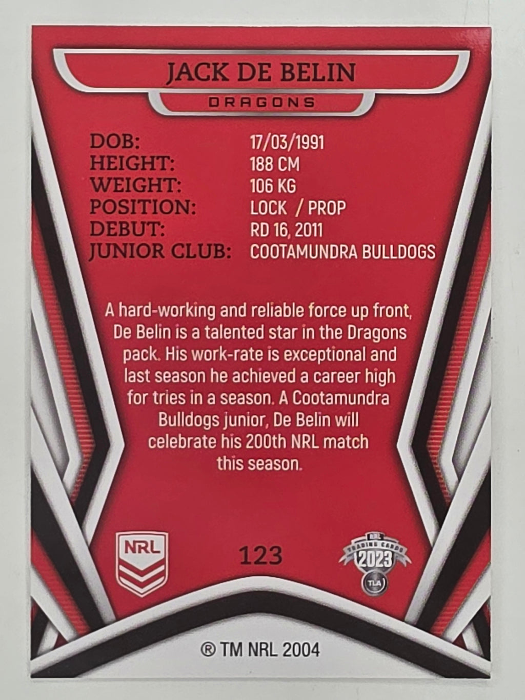 NRL 2023 Traders Titanium Base Card #123 Jack de Belin St George Illawarra Dragons