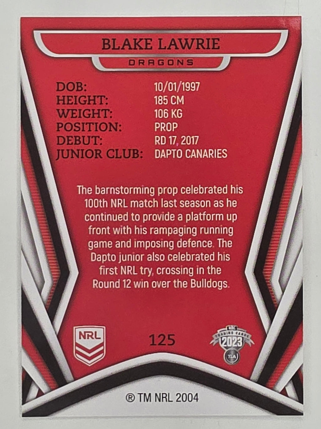 NRL 2023 Traders Titanium Base Card #125 Blake Lawrie St George Illawarra Dragons