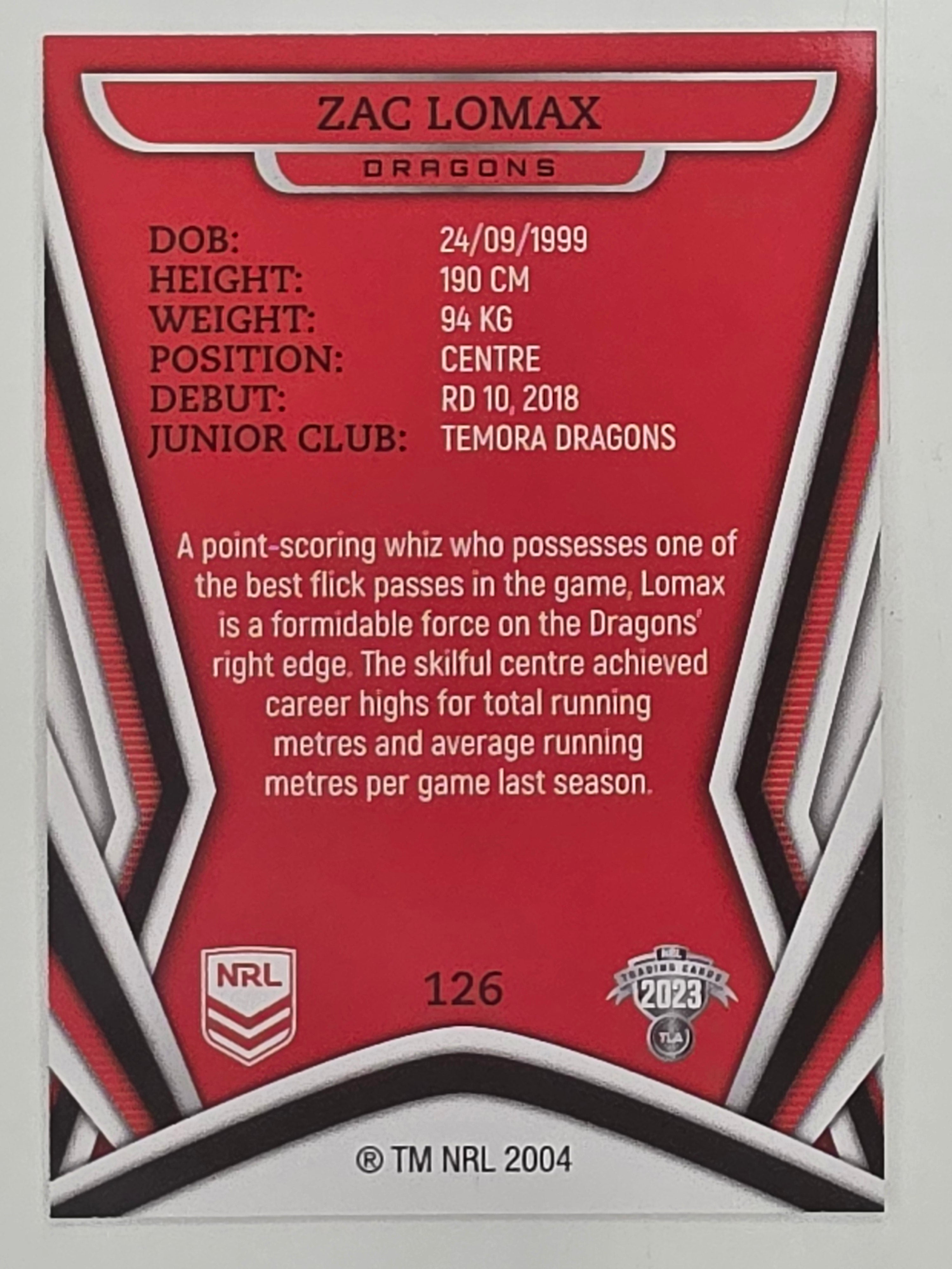 NRL 2023 Traders Titanium Base Card #126 Zac Lomax St George Illawarra Dragons