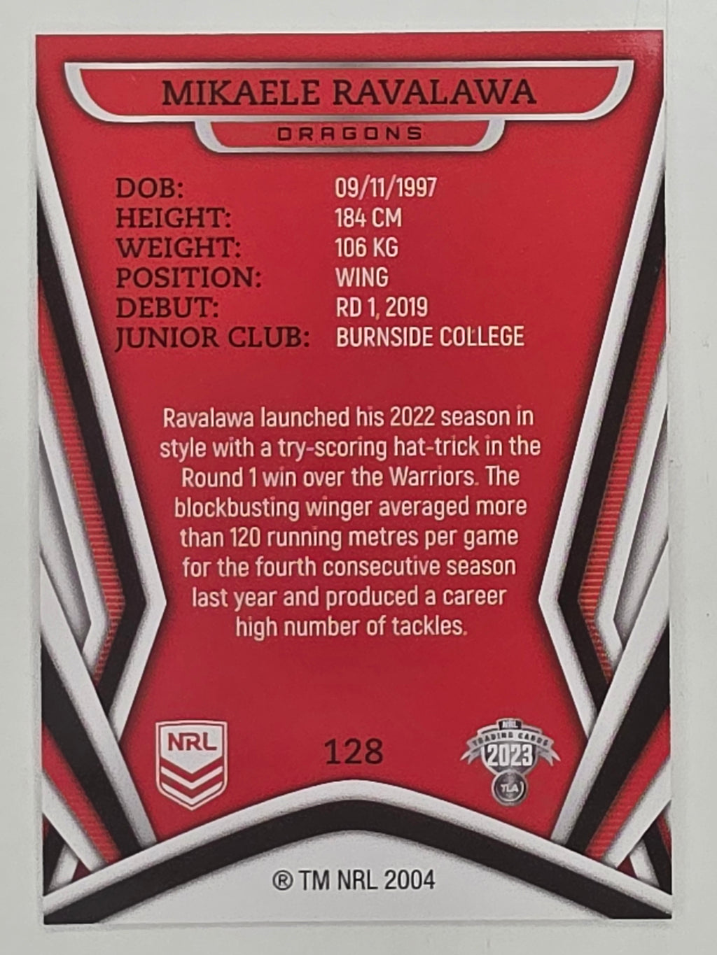NRL 2023 Traders Titanium Base Card #128 Mikaele Ravalawa St George Illawarra Dragons