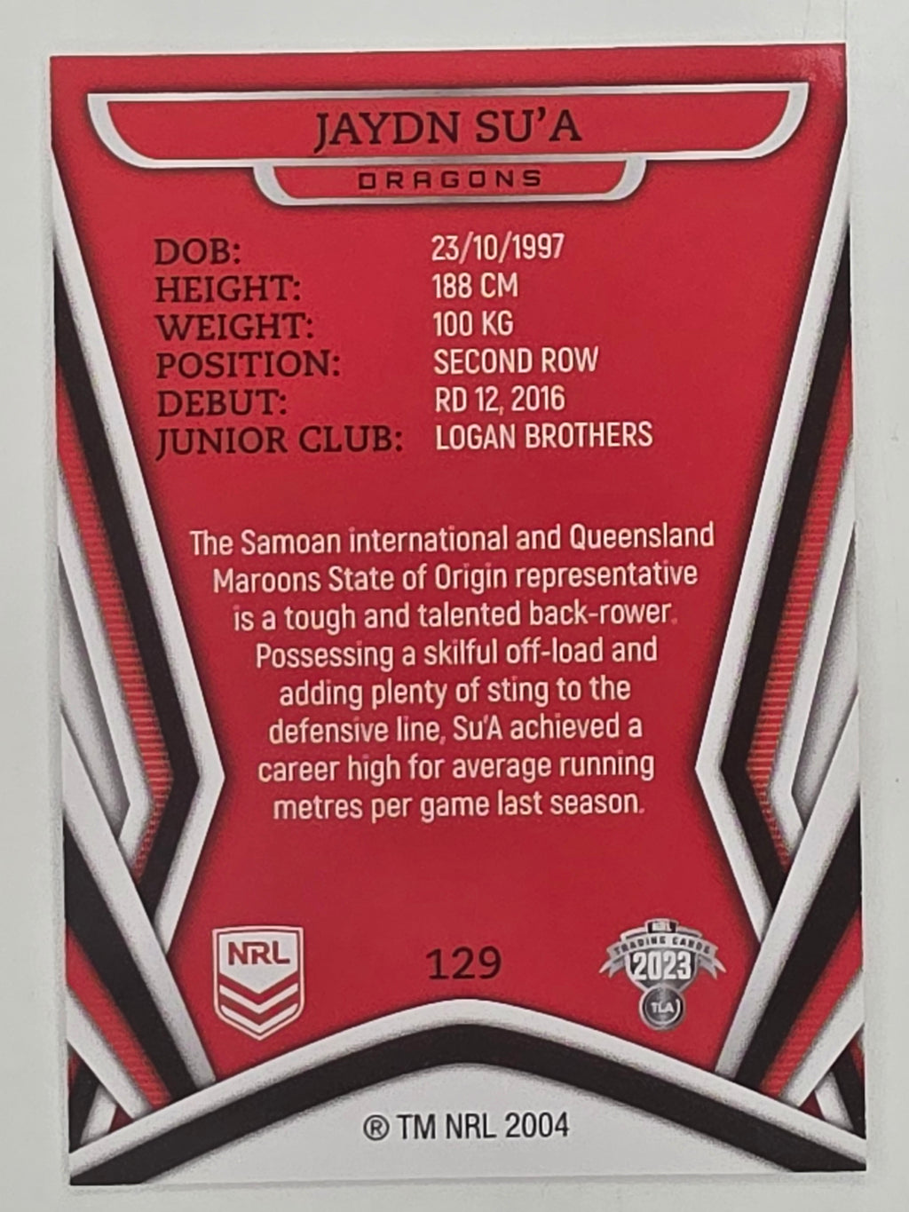 NRL 2023 Traders Titanium Base Card #129 Jaydn Su’a St George Illawarra Dragons