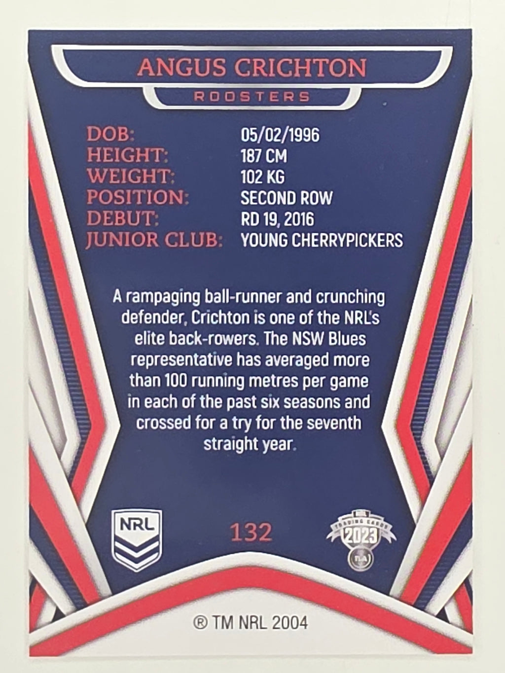 NRL 2023 Traders Titanium Base Card #132 Angus Crichton Sydney Roosters