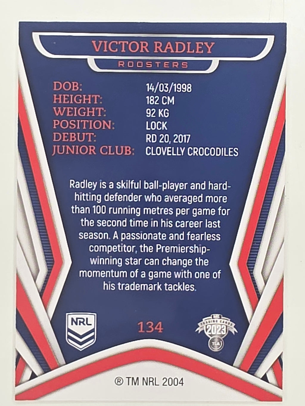 NRL 2023 Traders Titanium Base Card #134 Victor Radley Sydney Roosters