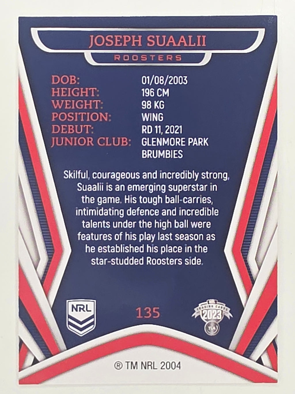 NRL 2023 Traders Titanium Base Card #135 Joseph Suaalii Sydney Roosters