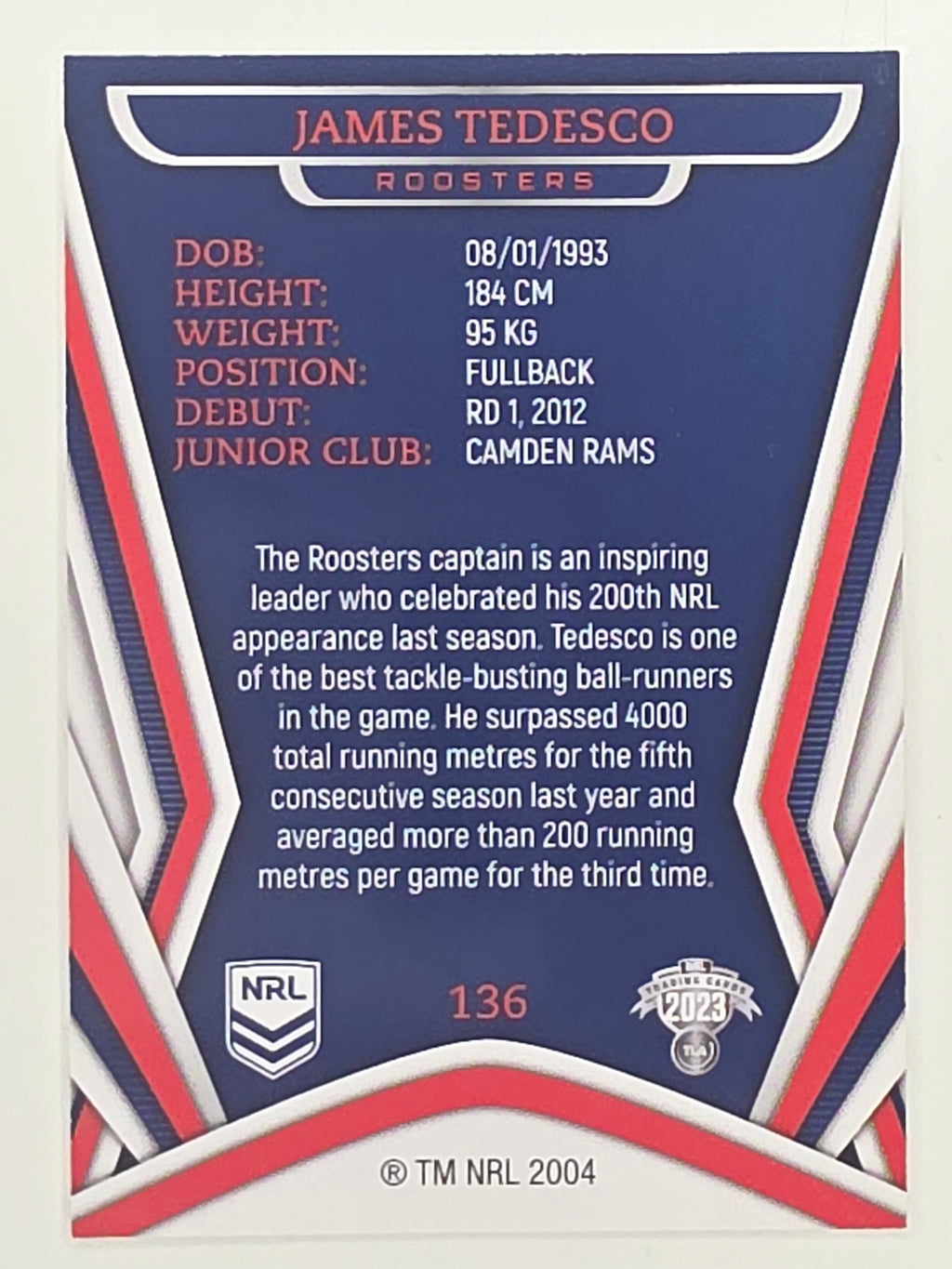 NRL 2023 Traders Titanium Base Card #136 James Tedesco Sydney Roosters