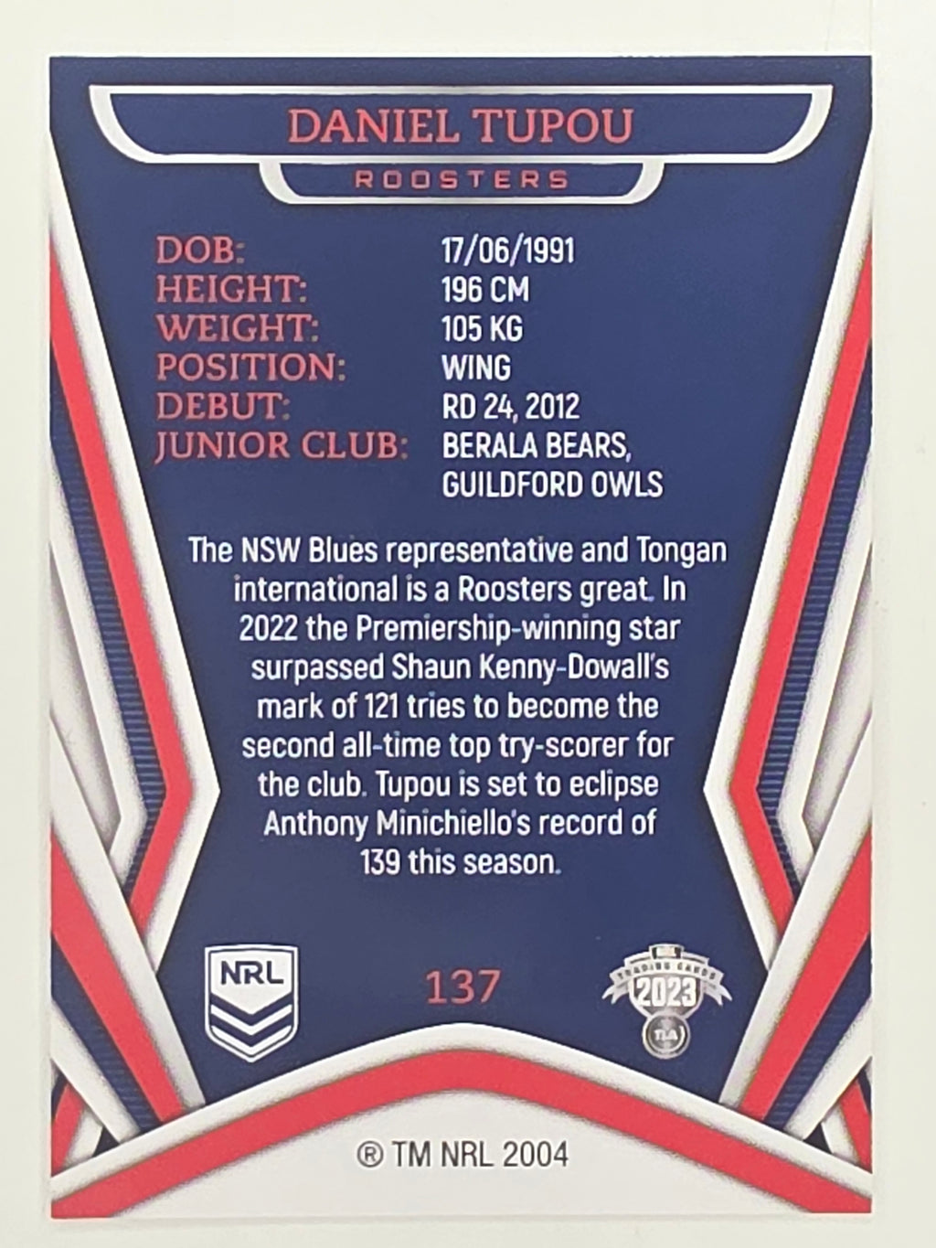 NRL 2023 Traders Titanium Base Card #137 Daniel Tupou Sydney Roosters