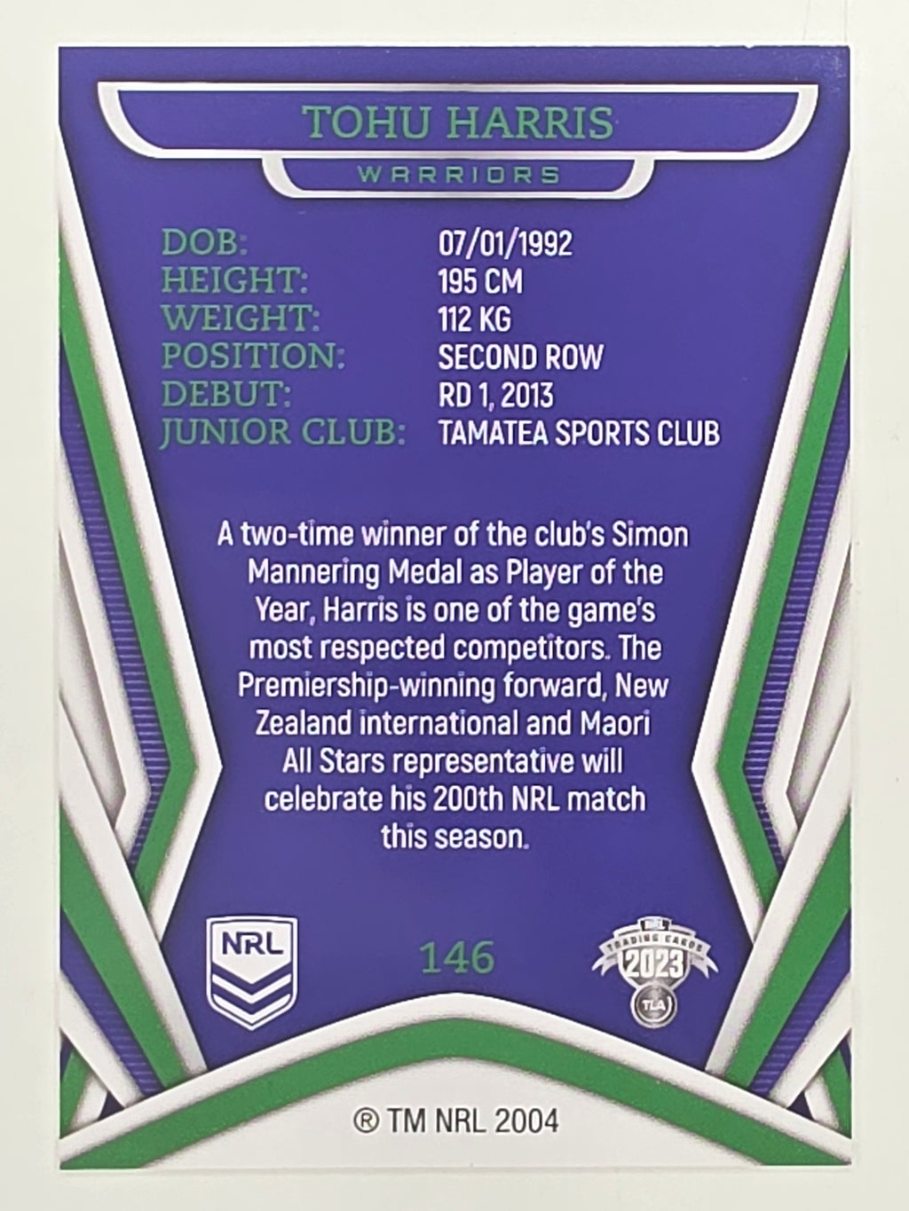 NRL 2023 Traders Titanium Base Card #146 Tohu Harris New Zealand Warriors