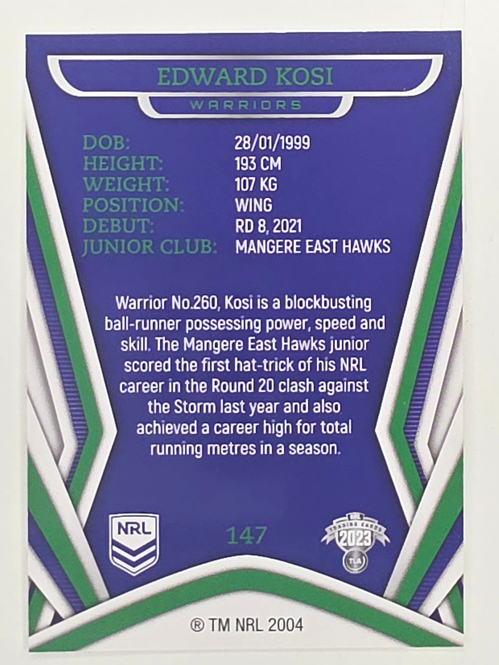 NRL 2023 Traders Titanium Base Card #147 Edward Kosi New Zealand Warriors