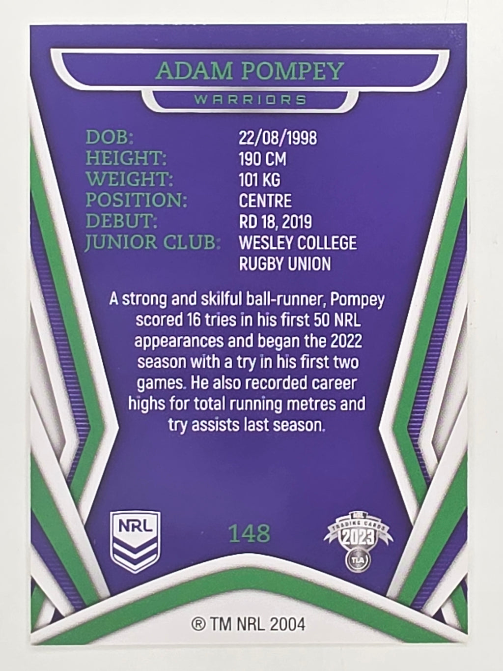 NRL 2023 Traders Titanium Base Card #148 Adam Pompey New Zealand Warriors