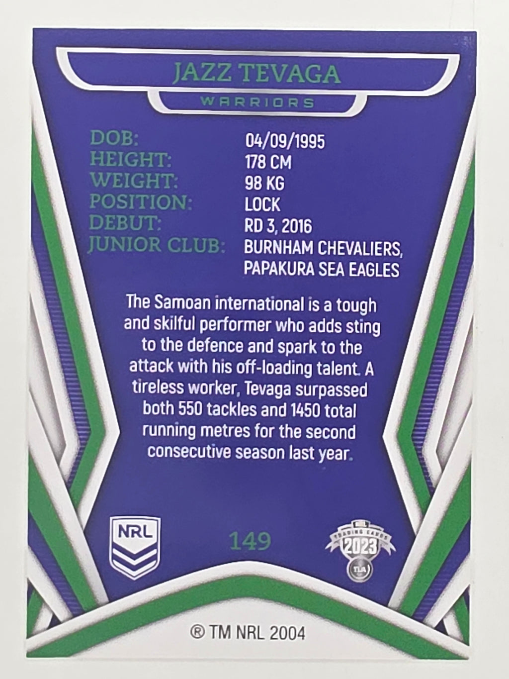 NRL 2023 Traders Titanium Base Card #149 Jazz Tevaga New Zealand Warriors