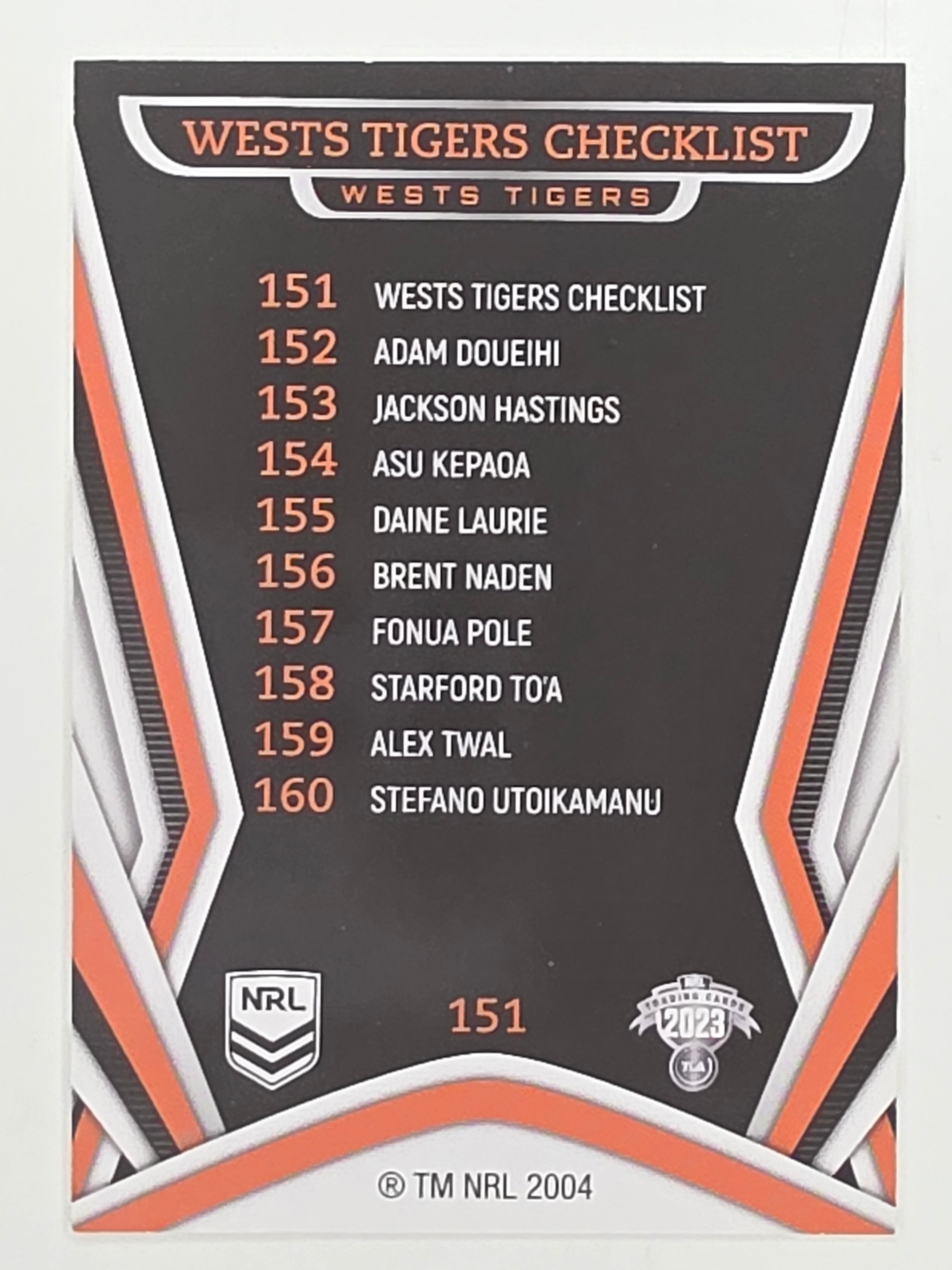 NRL 2023 Traders Titanium Base Card #151 Wests Tigers Checklist Wests Tigers