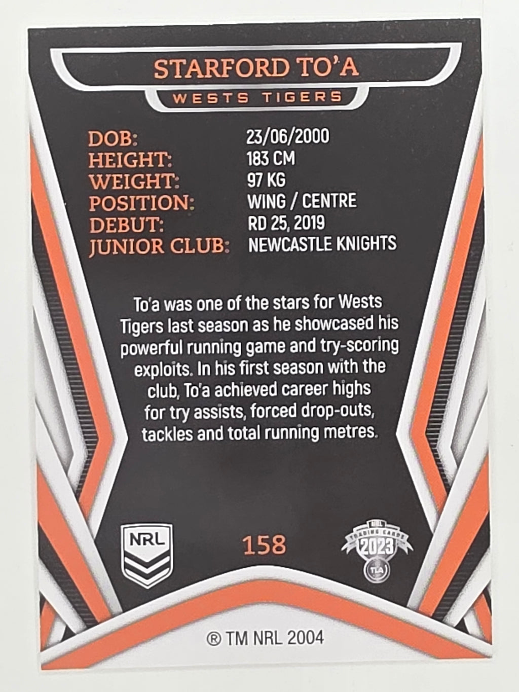 NRL 2023 Traders Titanium Base Card #158 Starford To’a Wests Tigers