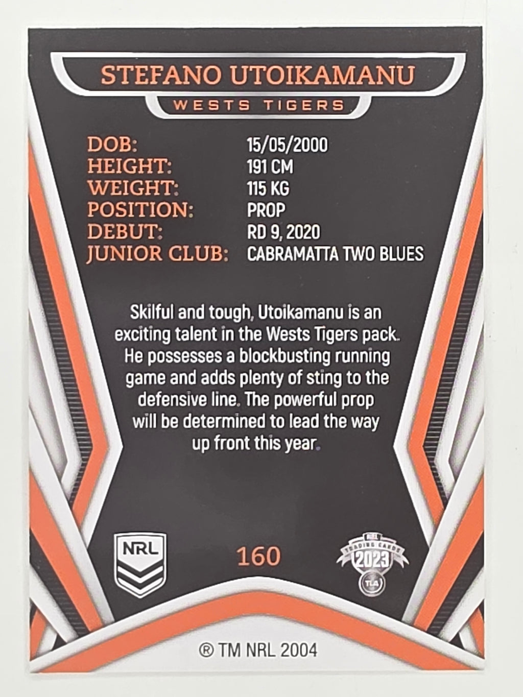 NRL 2023 Traders Titanium Base Card #160 Stefano Utoikamanu Wests Tigers