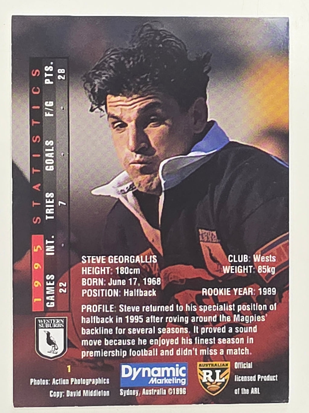 NRL 1996 Dynamic Series 1 Base Card #001 Steve Georgallis Western Suburbs Magpies Magpies