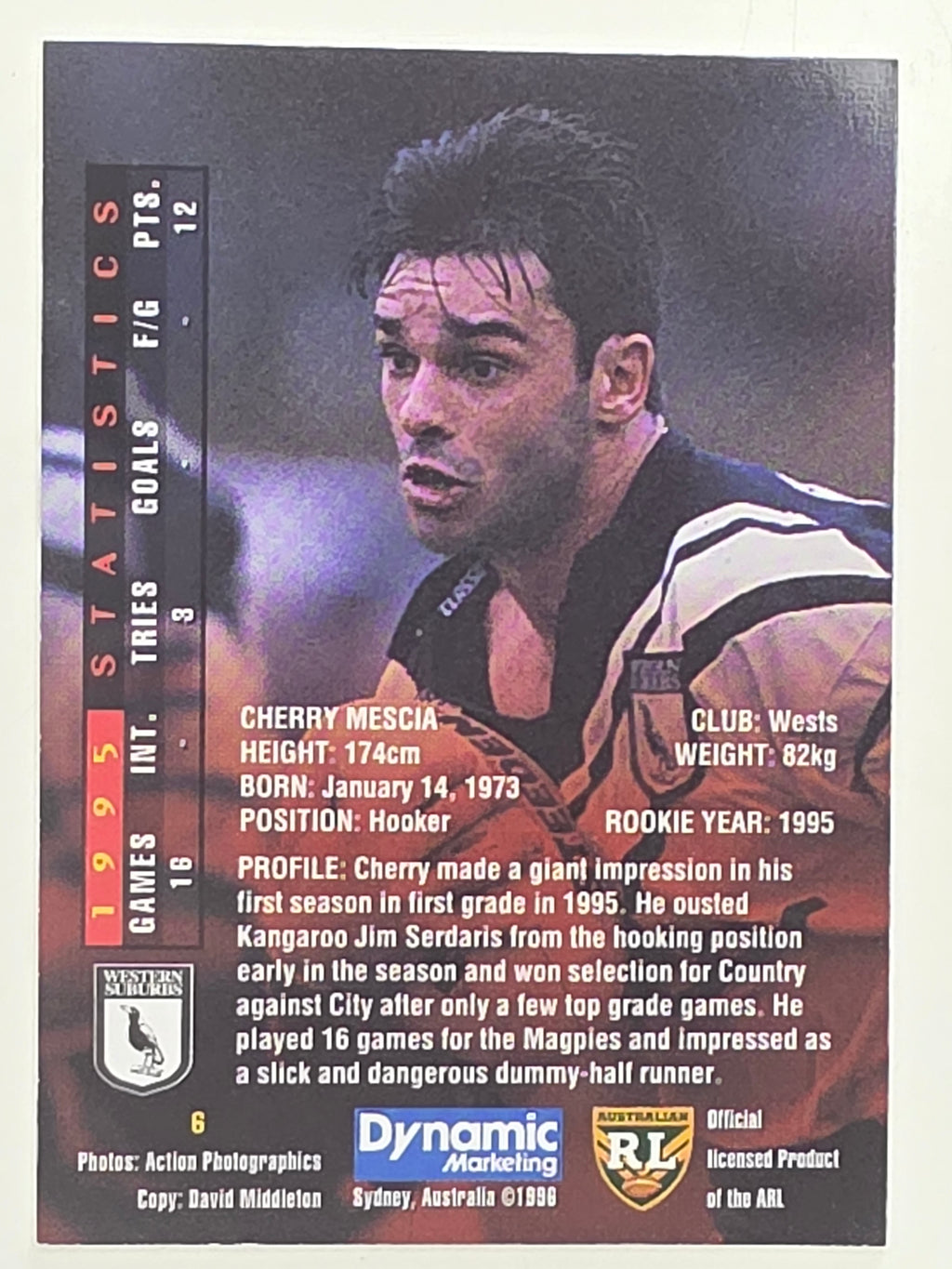 NRL 1996 Dynamic Series 1 Base Card #006 Cherry Mescia Western Suburbs Magpies Magpies