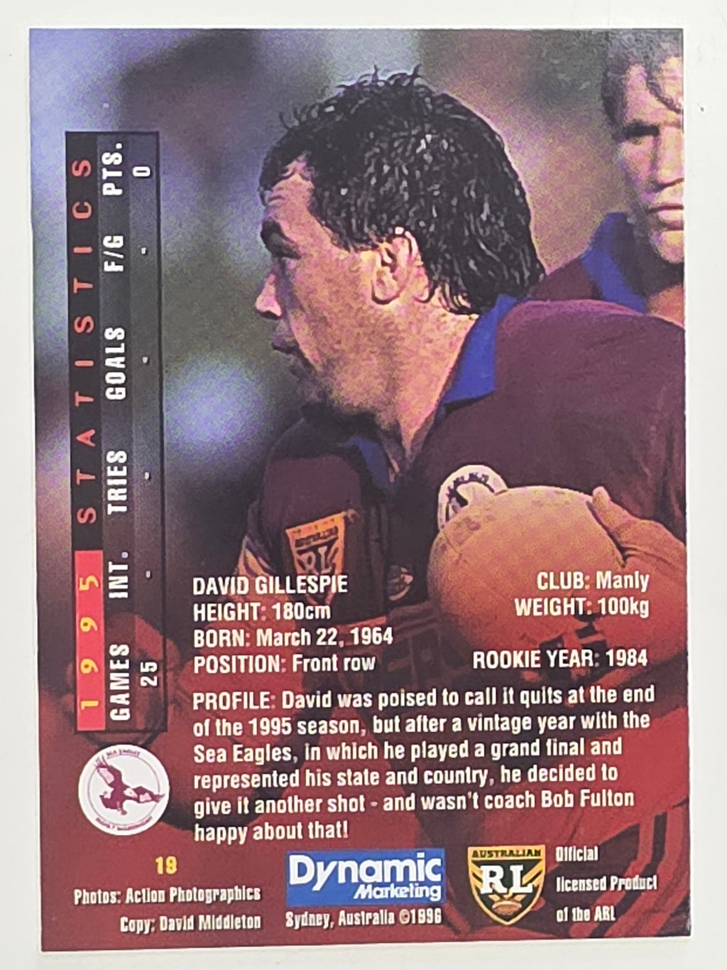 NRL 1996 Dynamic Series 1 Base Card #019 David Gillespie Manly Warringah Sea Eagles