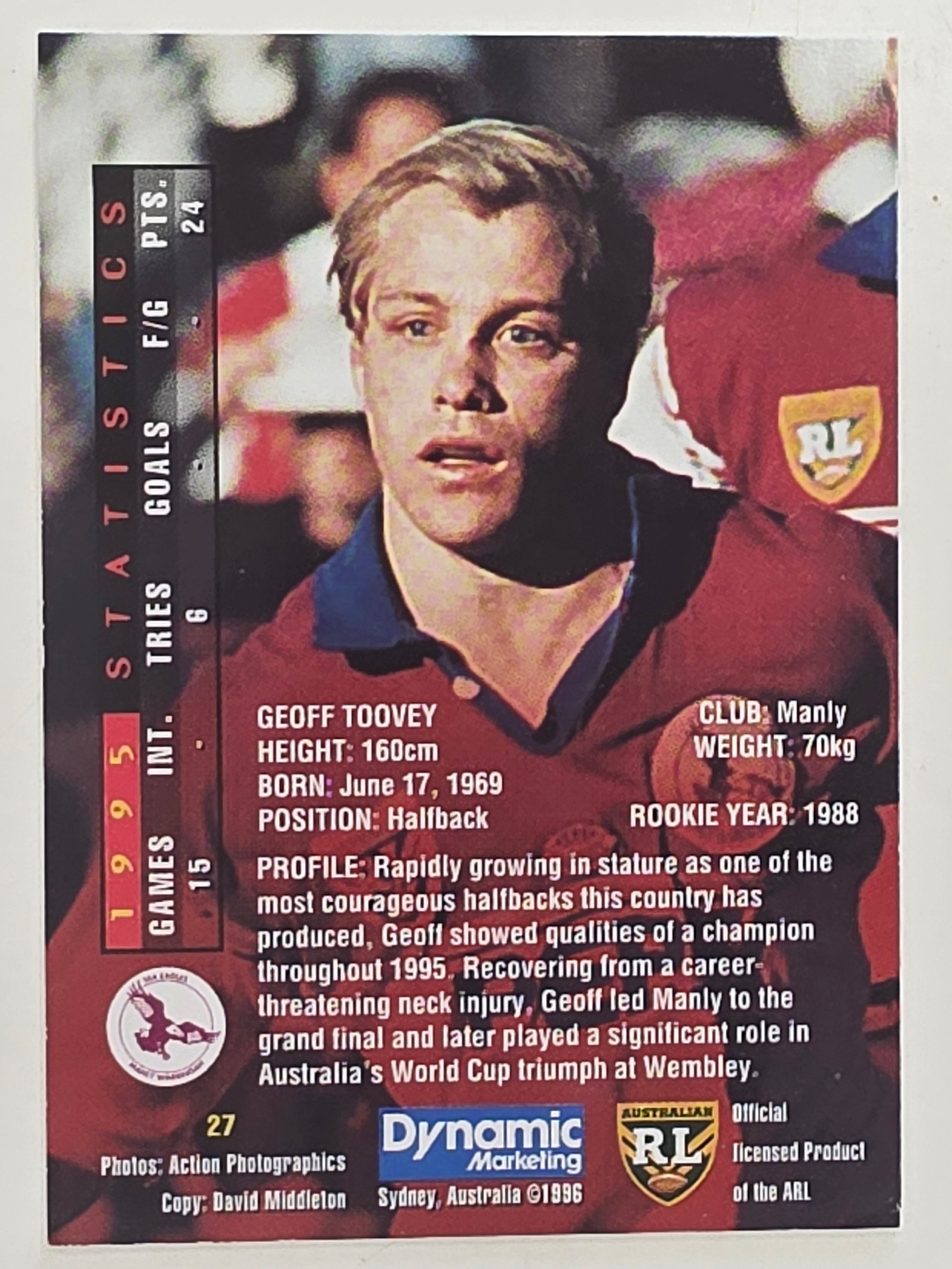 NRL 1996 Dynamic Series 1 Base Card #027 Geoff Toovey Manly Warringah Sea Eagles