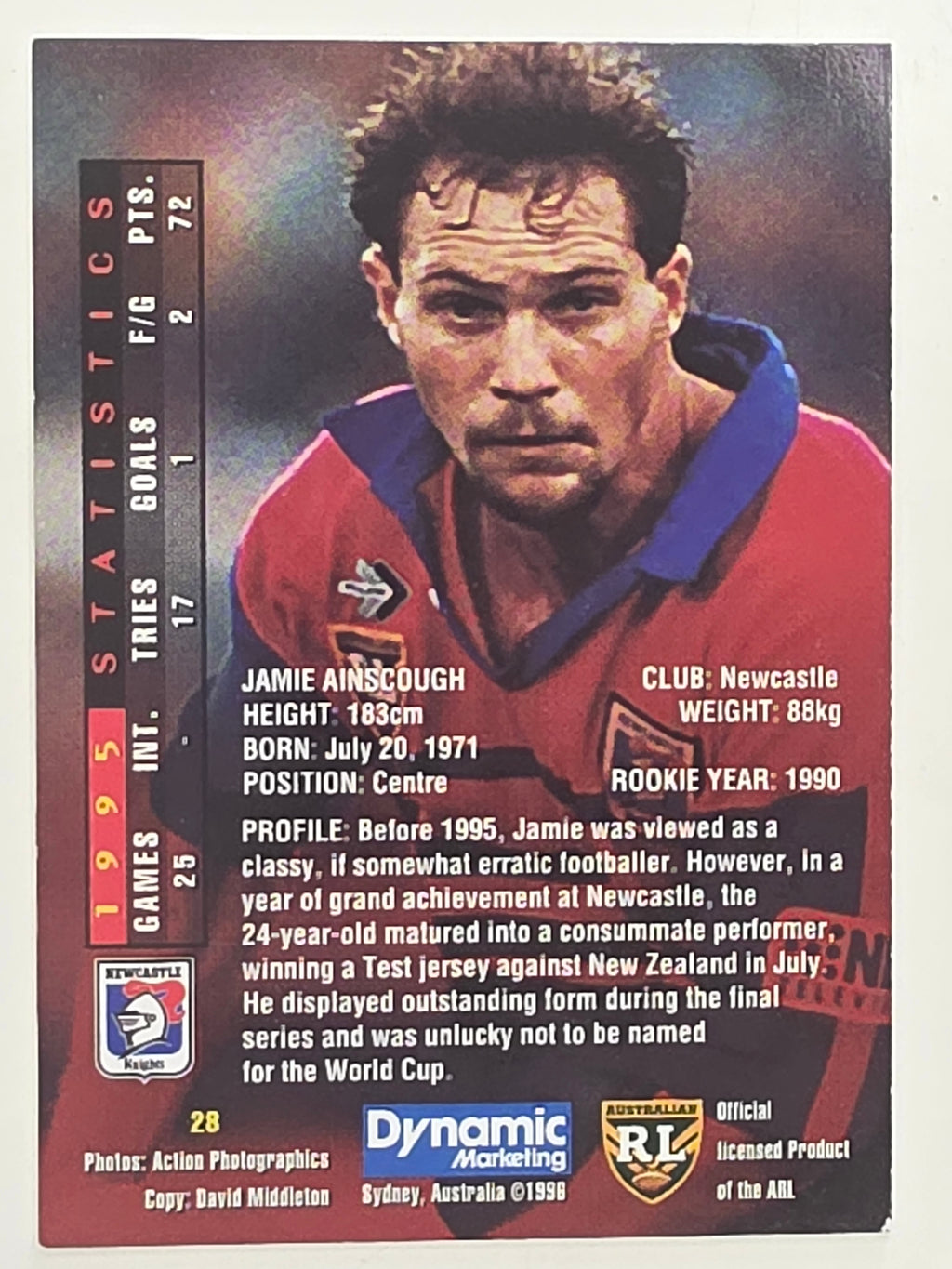 NRL 1996 Dynamic Series 1 Base Card #028 Jamie Ainscough Newcastle Knights