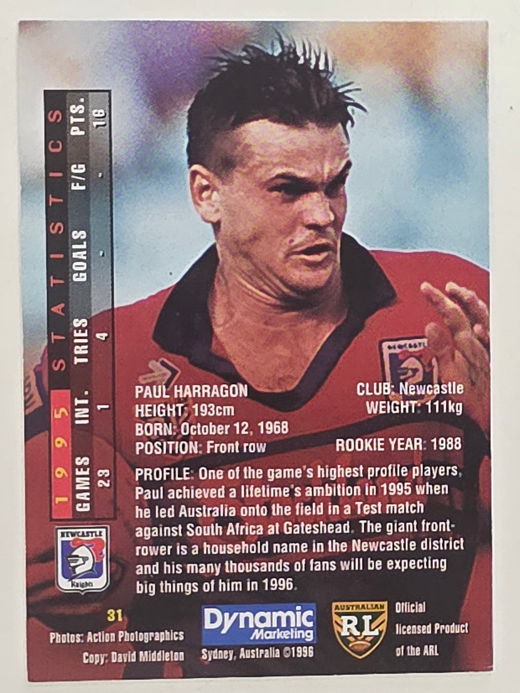NRL 1996 Dynamic Series 1 Base Card #031 Paul Harragon Newcastle Knights