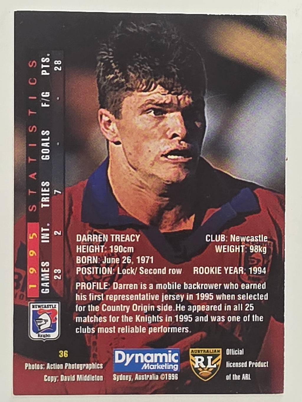 NRL 1996 Dynamic Series 1 Base Card #036 Darren Treacey Newcastle Knights