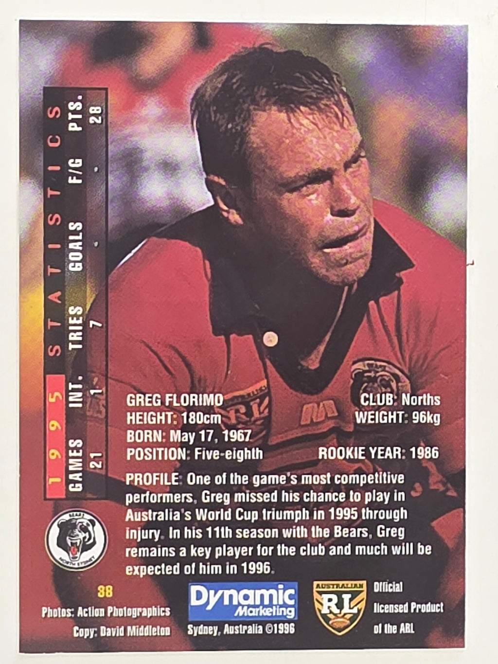 NRL 1996 Dynamic Series 1 Base Card #038 Greg Florimo North Sydney Bears