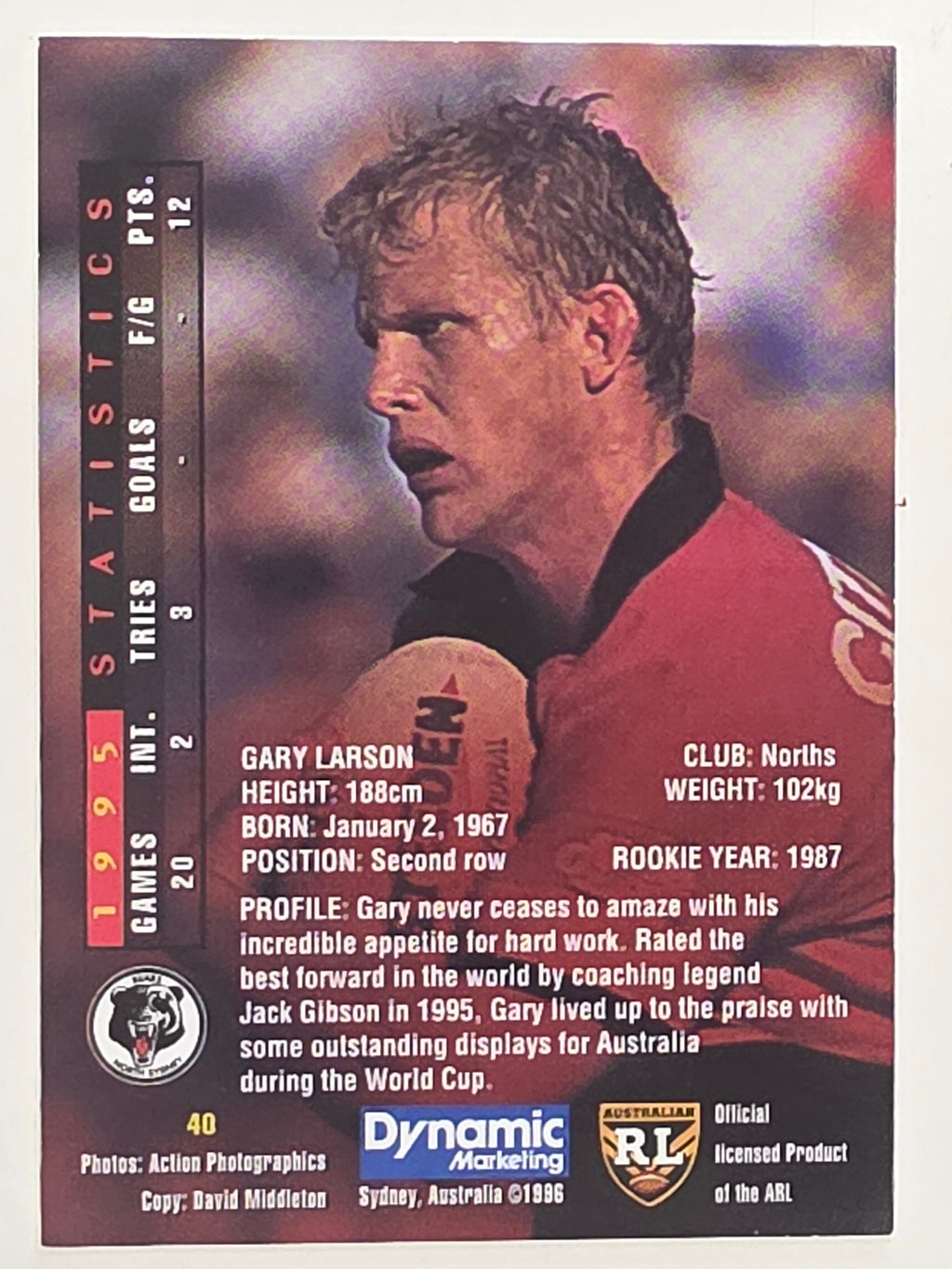 NRL 1996 Dynamic Series 1 Base Card #040 Gary Larson North Sydney Bears