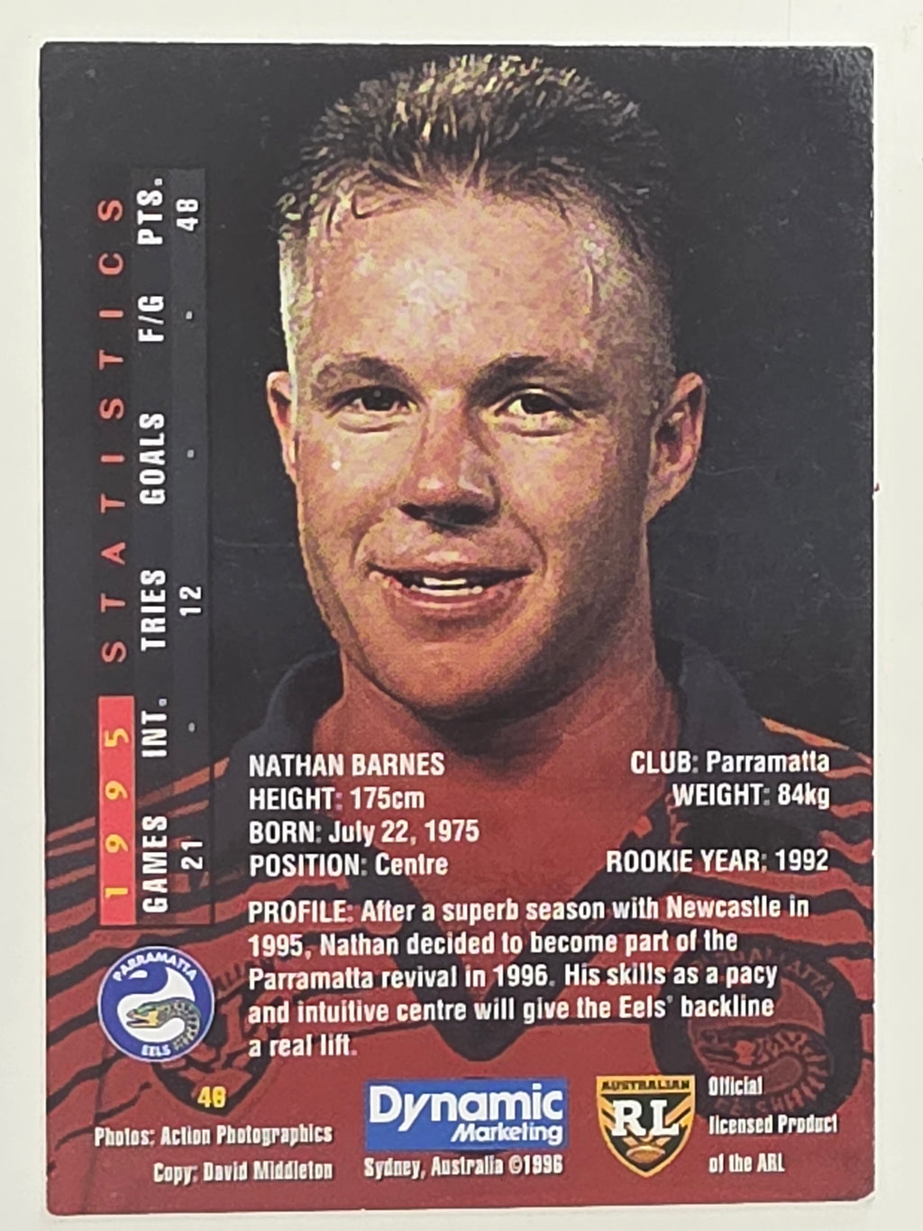 NRL 1996 Dynamic Series 1 Base Card #046 Nathan Barnes Parramatta Eels