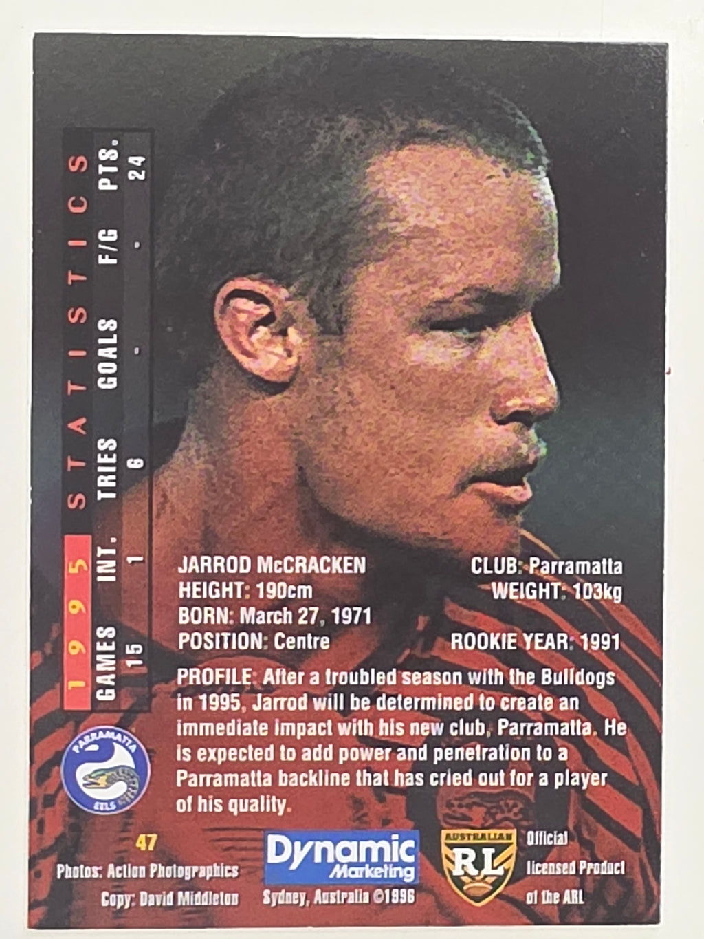 NRL 1996 Dynamic Series 1 Base Card #047 Jarrod McCracken Parramatta Eels