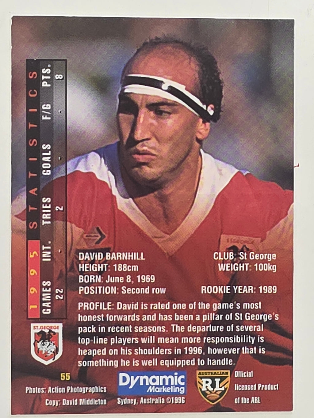 NRL 1996 Dynamic Series 1 Base Card #055 David Barnhill St George Dragons