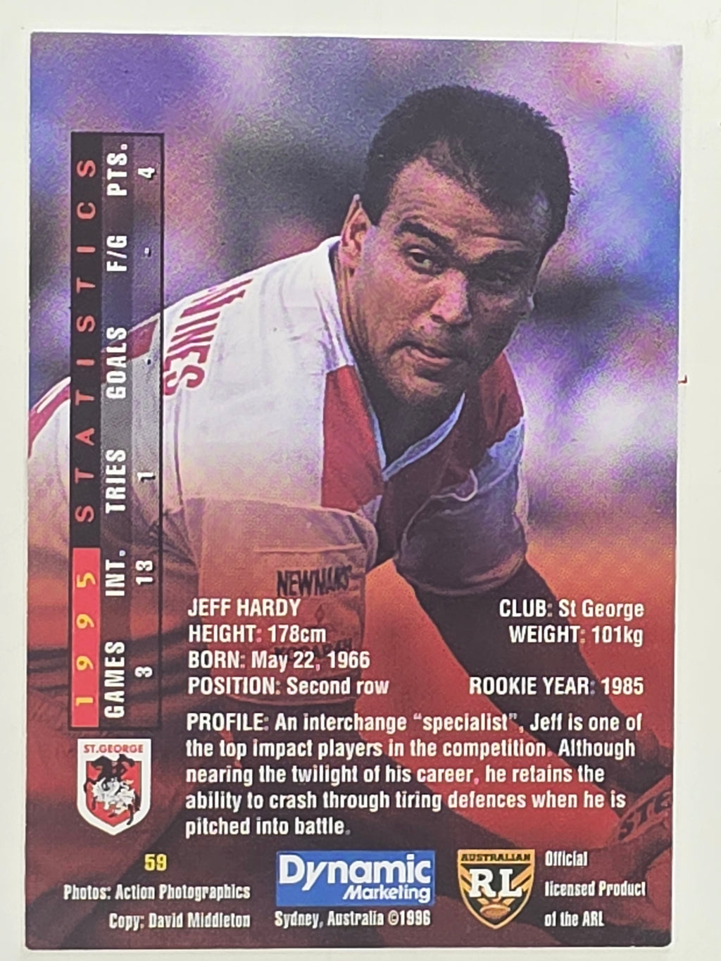 NRL 1996 Dynamic Series 1 Base Card #059 Jeff Hardy St George Dragons