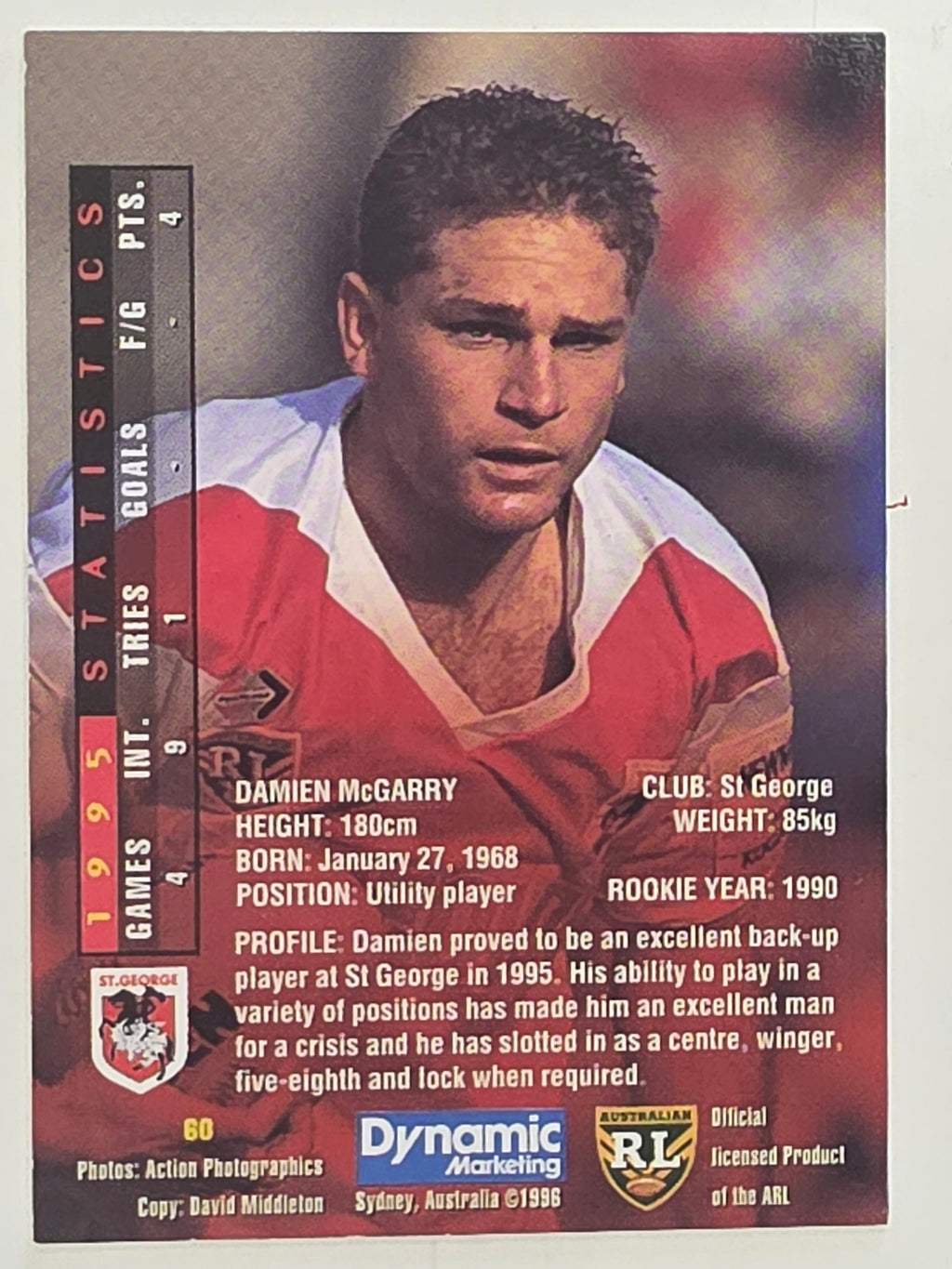 NRL 1996 Dynamic Series 1 Base Card #060 Damien McGrady St George Dragons