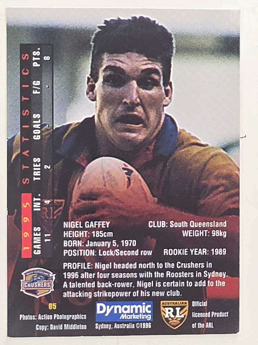 NRL 1996 Dynamic Series 1 Base Card #065 Nigel Gaffey South Queensland Crushers
