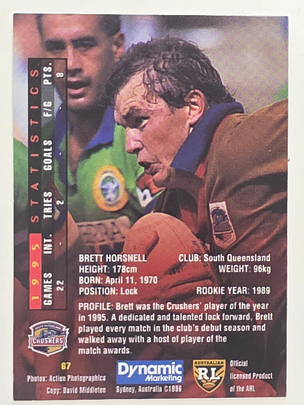 NRL 1996 Dynamic Series 1 Base Card #067 Brett Horsnell South Queensland Crushers