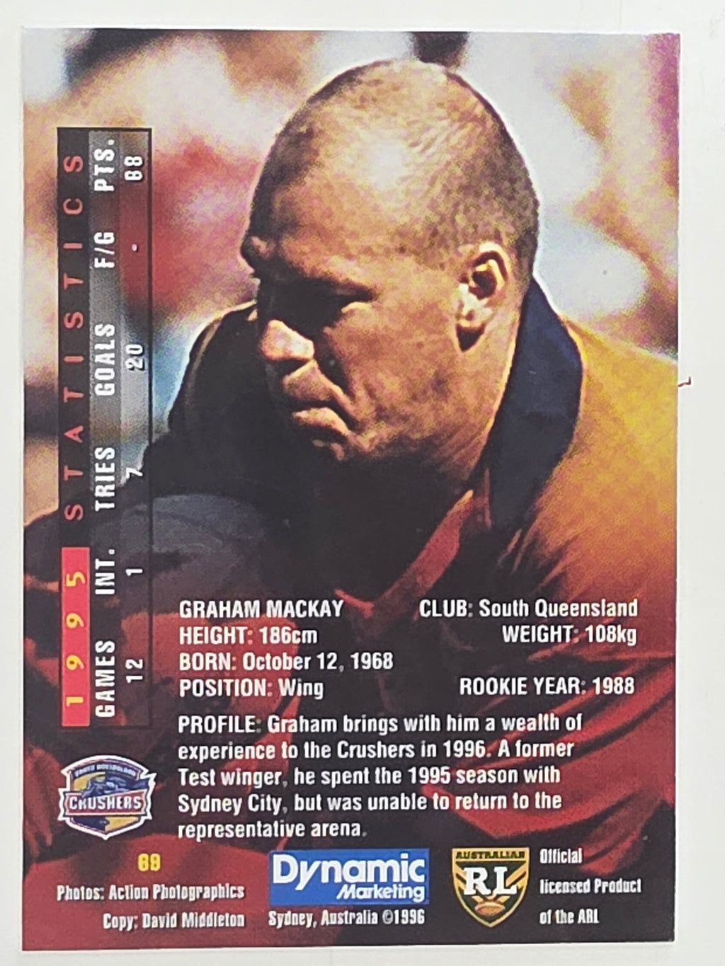 NRL 1996 Dynamic Series 1 Base Card #069 Graham Mackay South Queensland Crushers