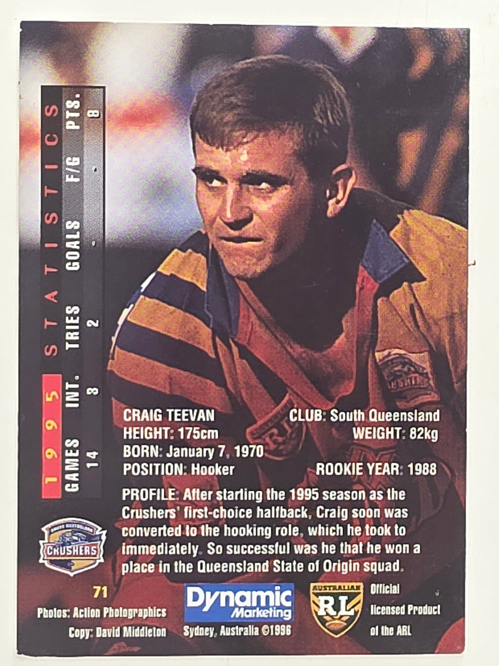 NRL 1996 Dynamic Series 1 Base Card #071 Craig Teevan South Queensland Crushers