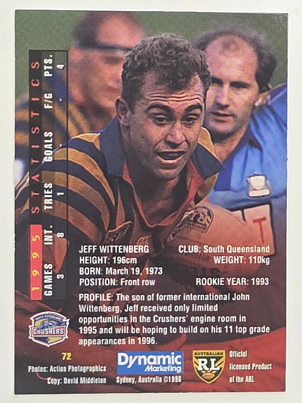 NRL 1996 Dynamic Series 1 Base Card #072 Jeff Wittenberg South Queensland Crushers