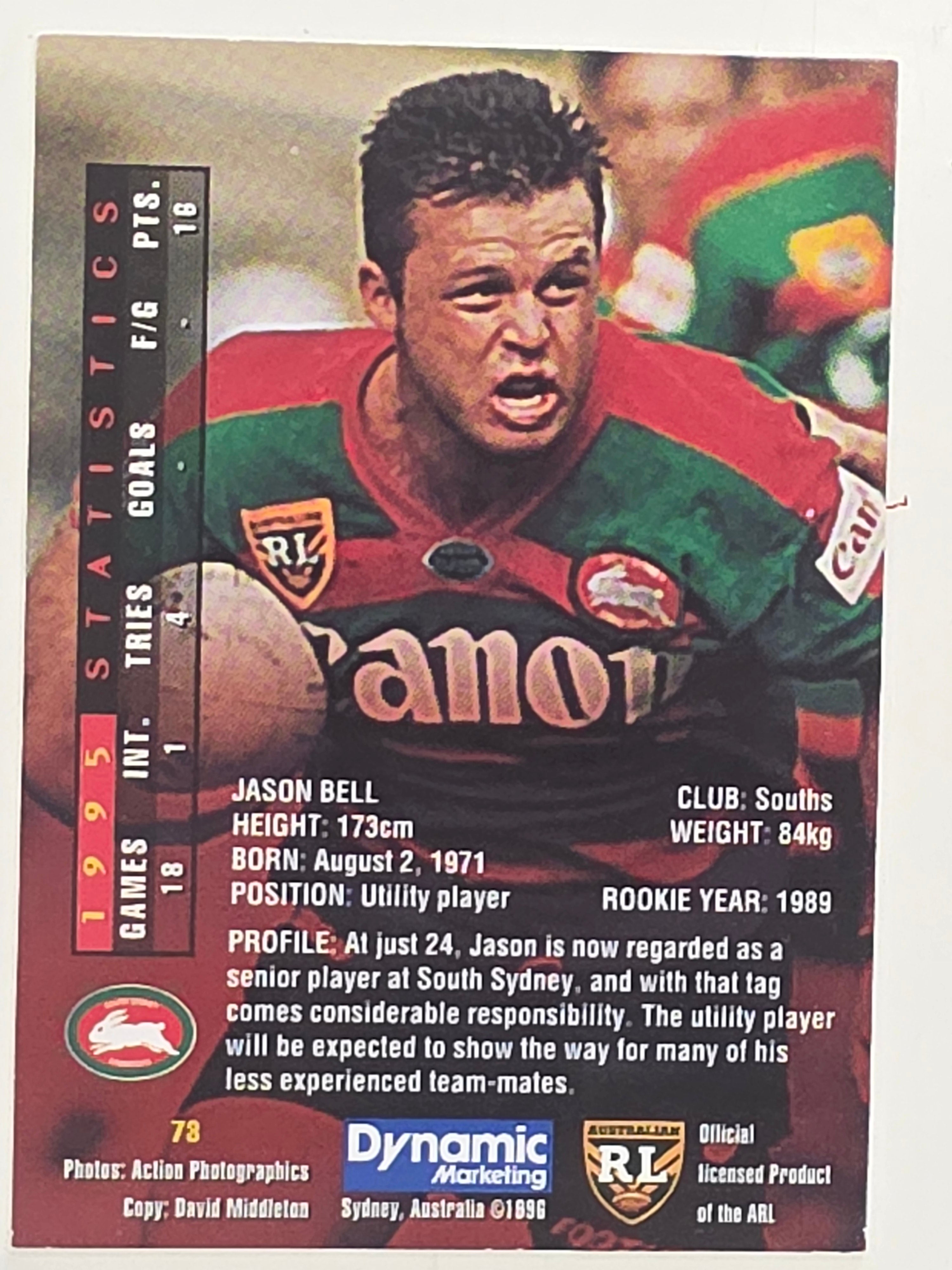 NRL 1996 Dynamic Series 1 Base Card #073 Jason Bell South Sydney Rabbitohs