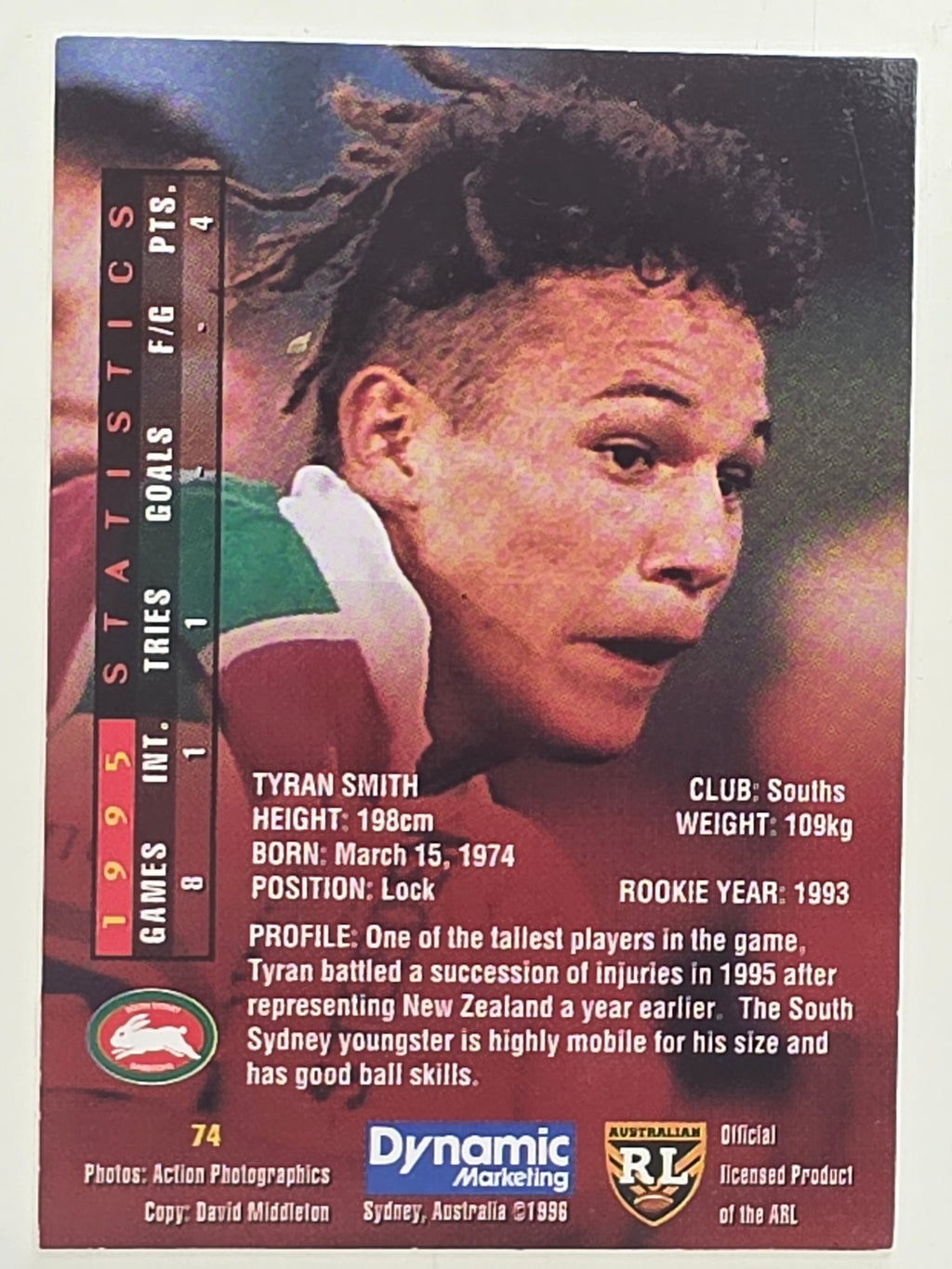 NRL 1996 Dynamic Series 1 Base Card #074 Tyron Smith South Sydney Rabbitohs