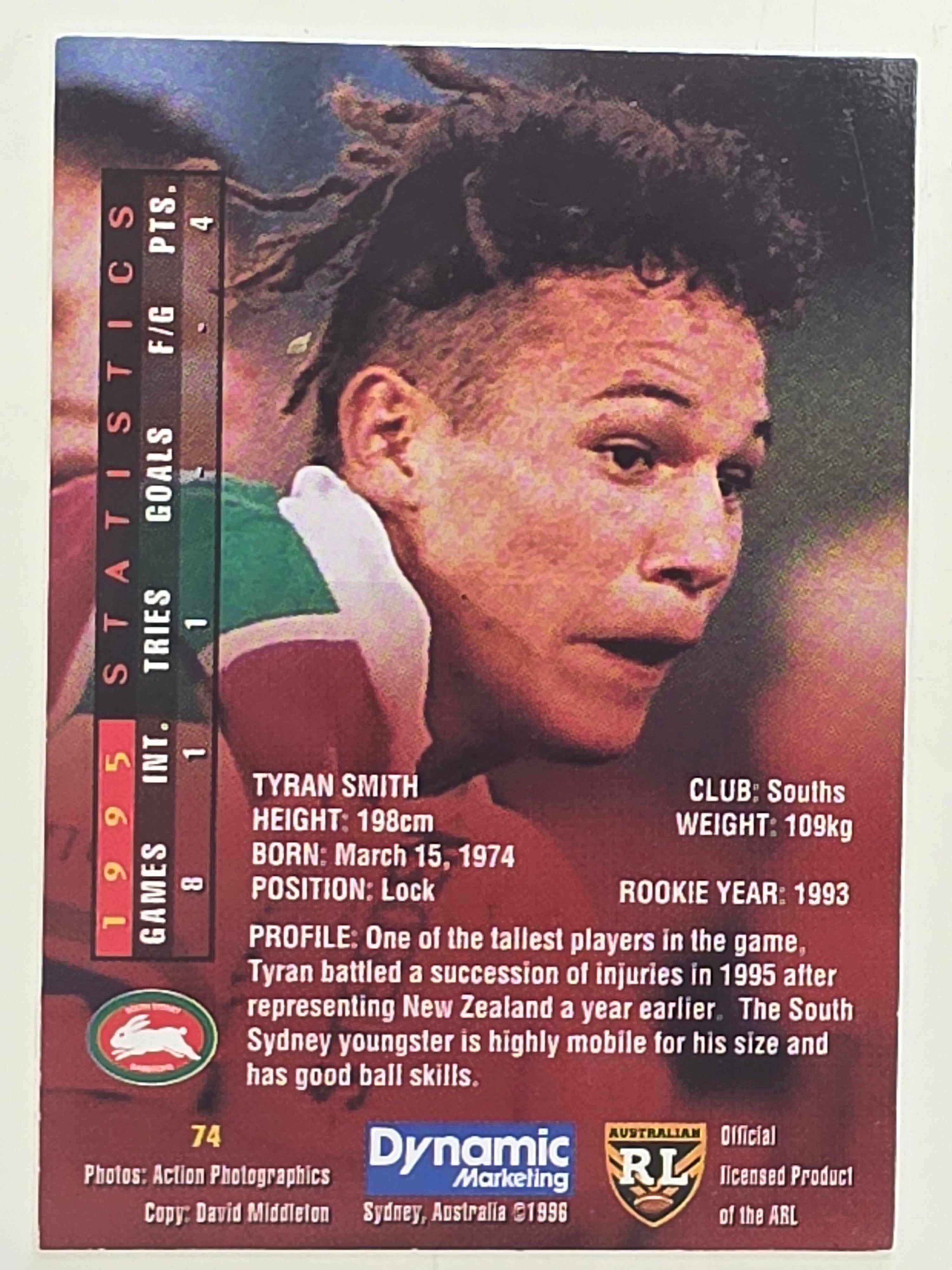 NRL 1996 Dynamic Series 1 Base Card #074 Tyron Smith South Sydney Rabbitohs