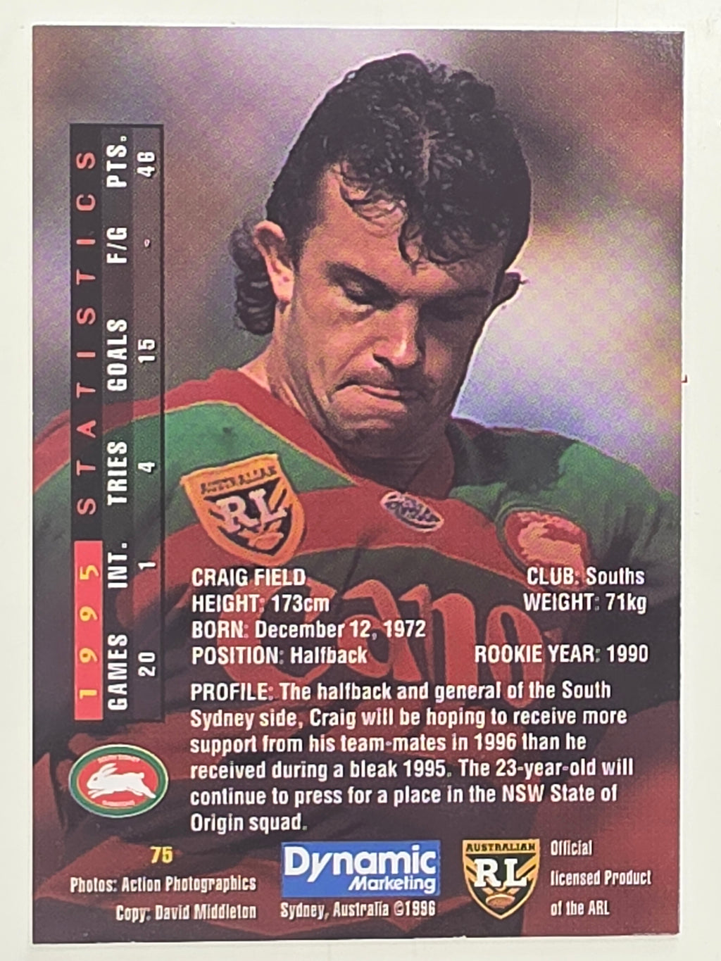 NRL 1996 Dynamic Series 1 Base Card #075 Craig Field South Sydney Rabbitohs