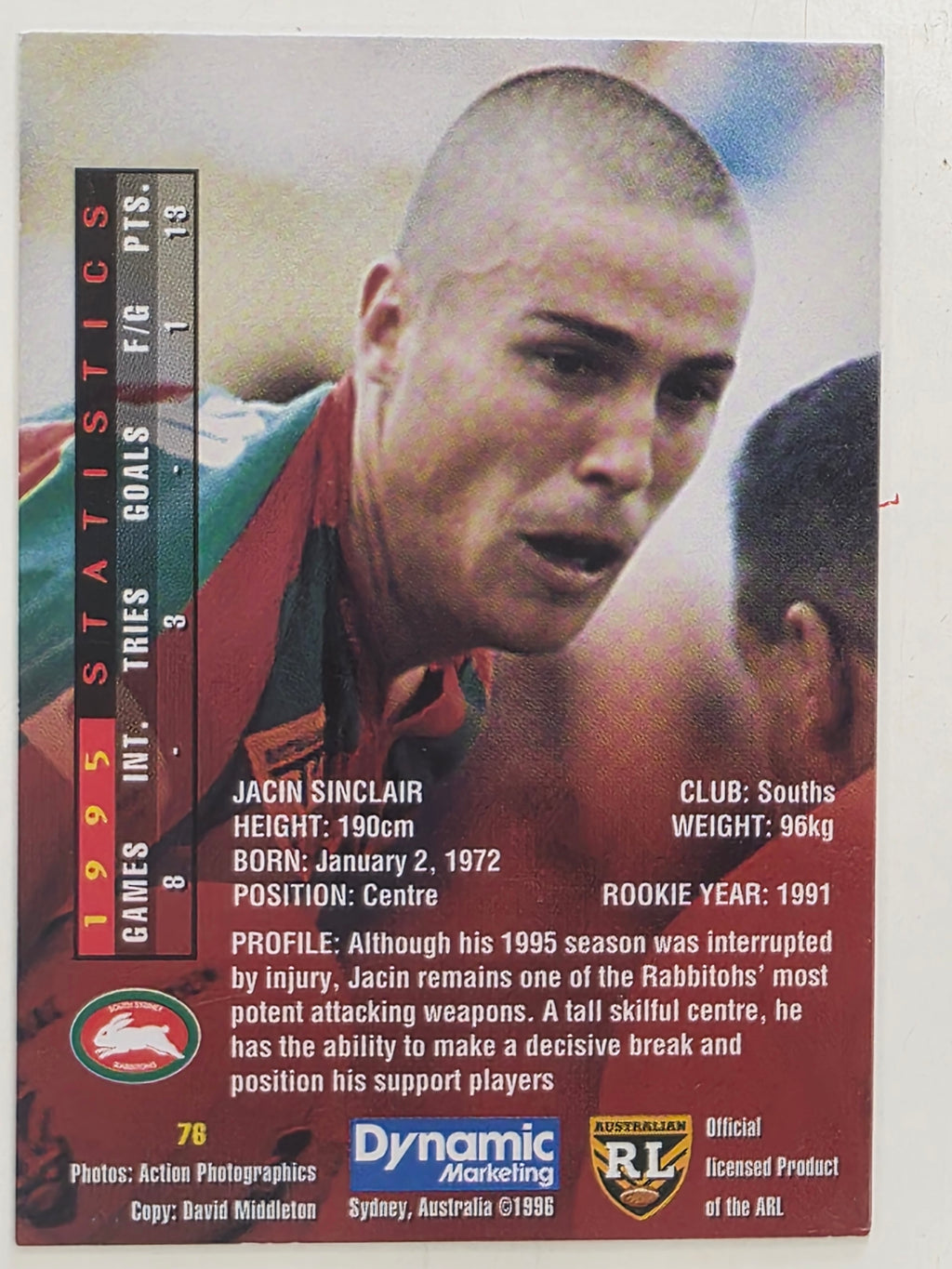 NRL 1996 Dynamic Series 1 Base Card #076 Jacin Sinclair South Sydney Rabbitohs
